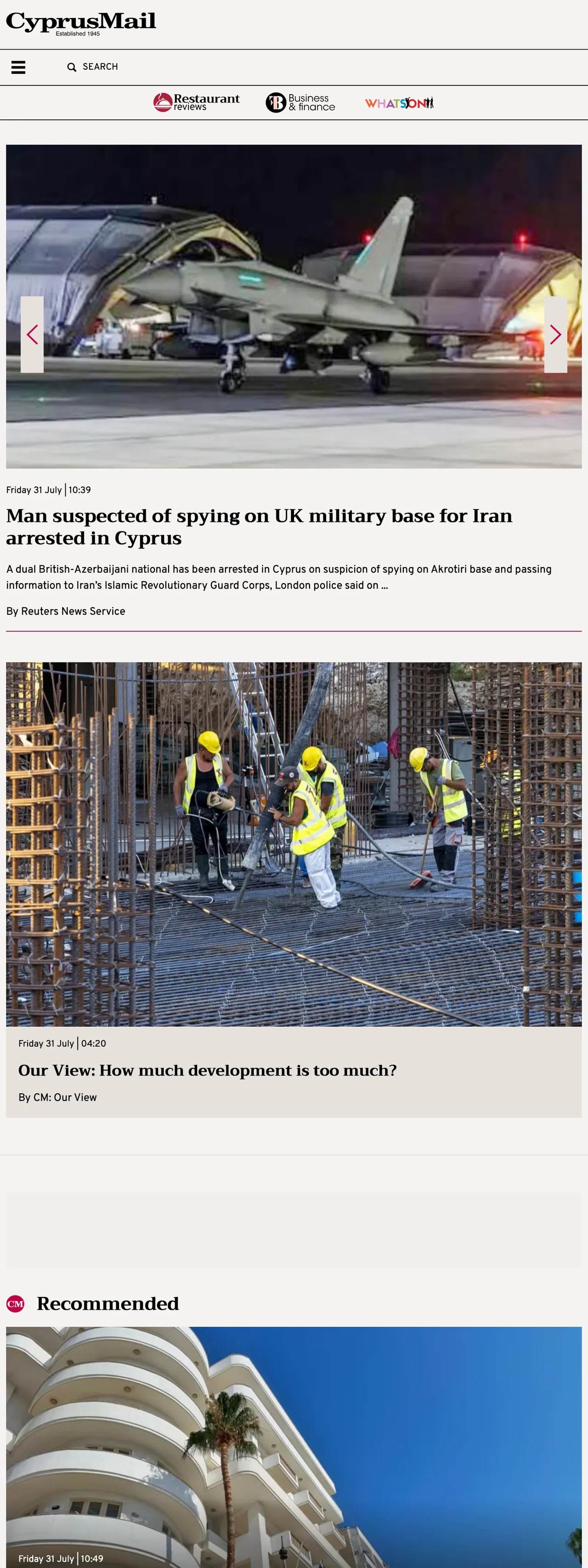 Screenshot of the Cyprus Mail front page