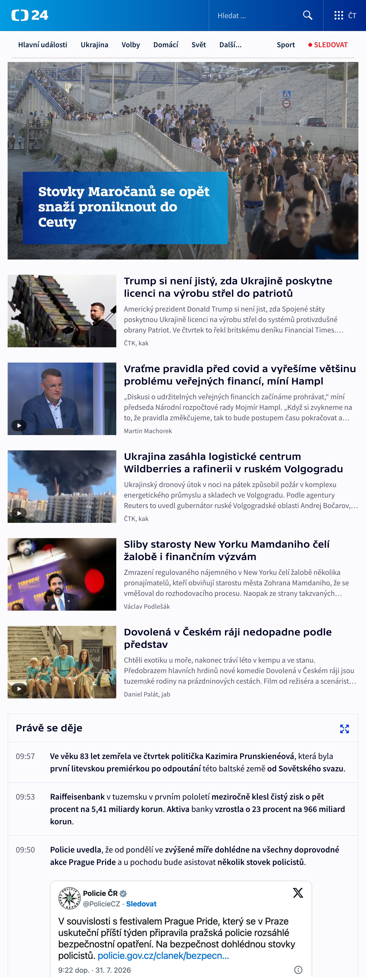 Screenshot of the ČT24 front page