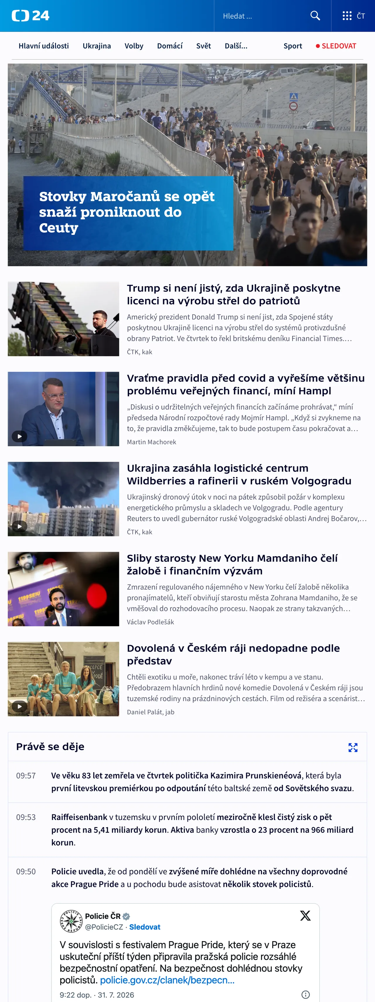 Screenshot of the ČT24 front page