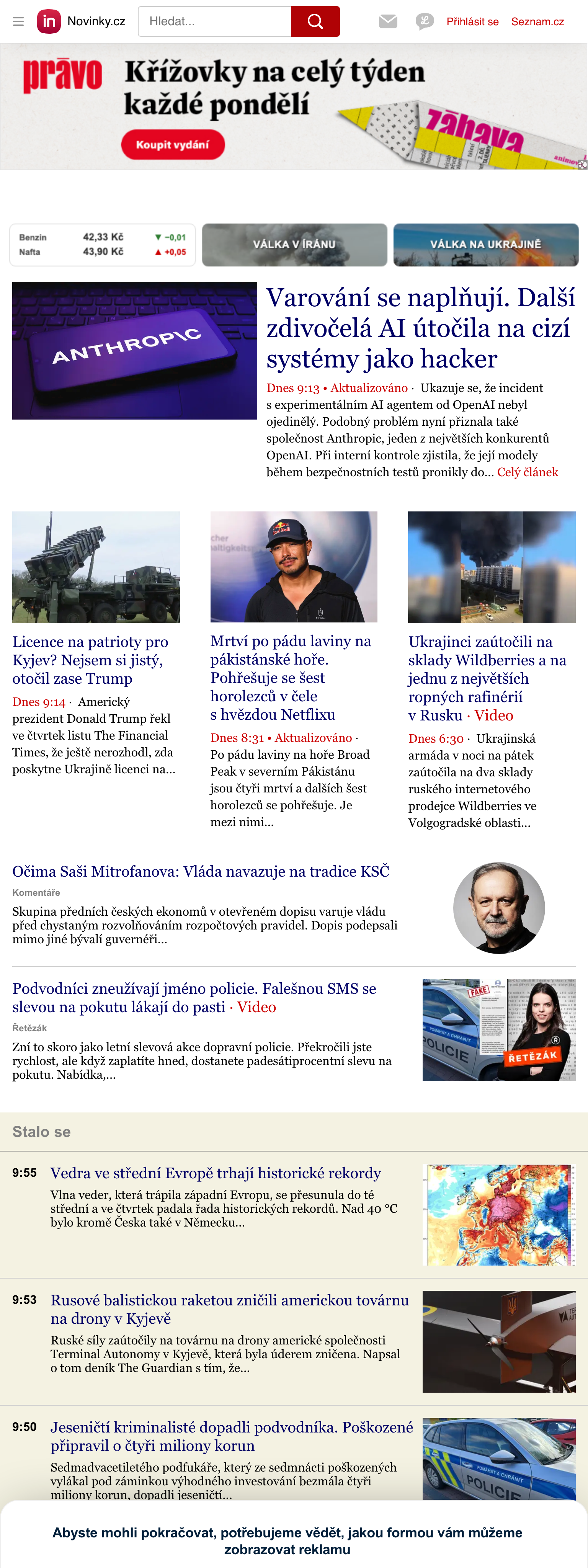 Screenshot of the Novinky.cz front page