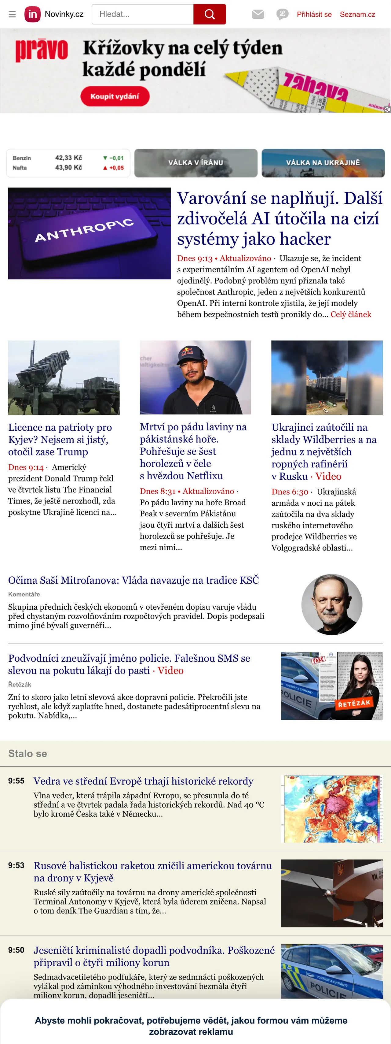 Screenshot of the Novinky.cz front page