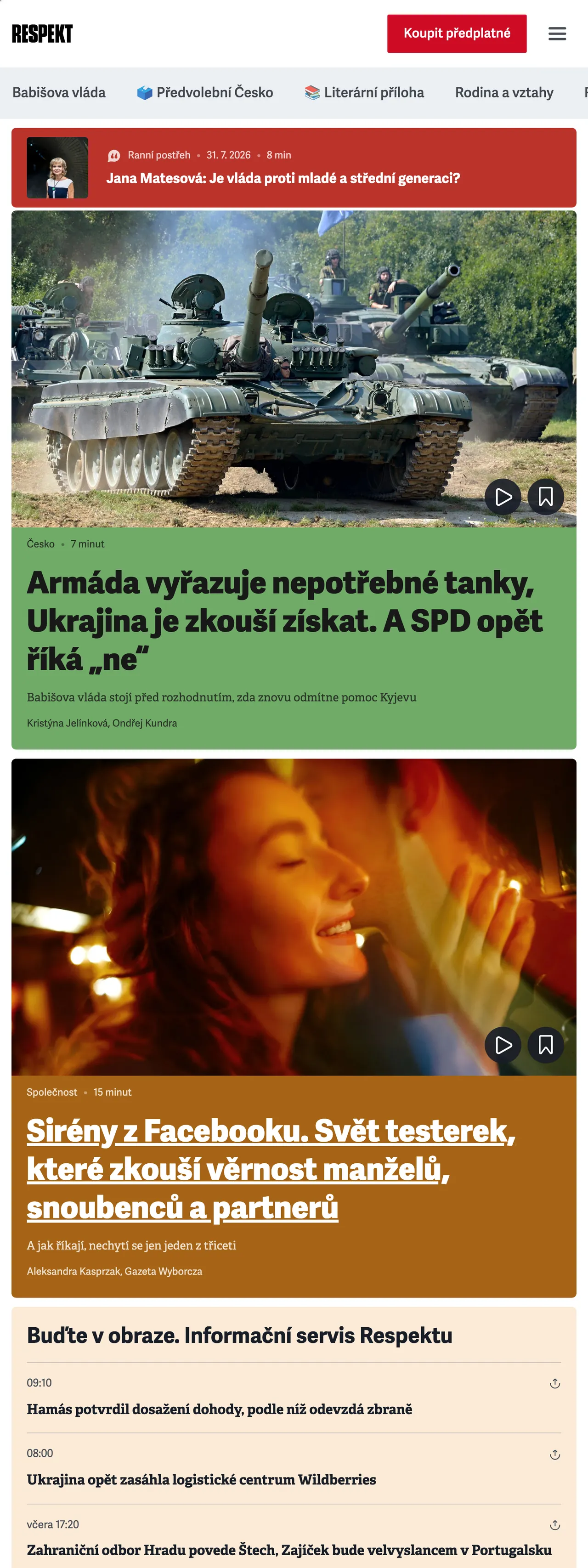 Screenshot of the Respekt front page