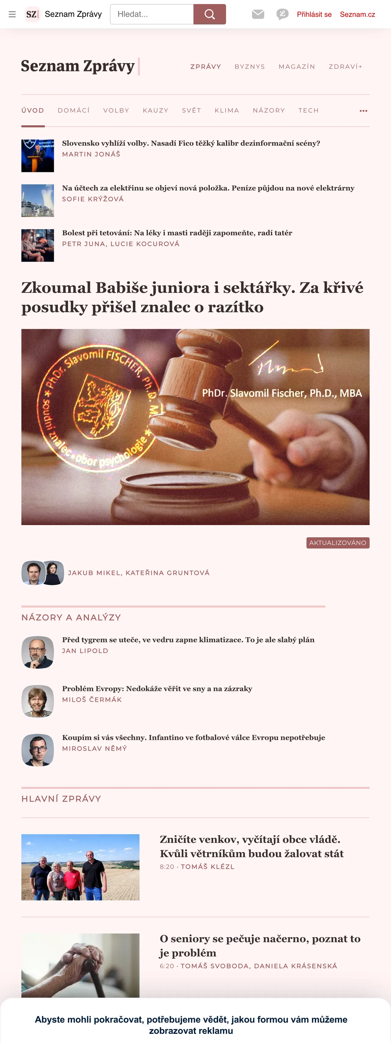 Screenshot of the Seznam Zprávy front page