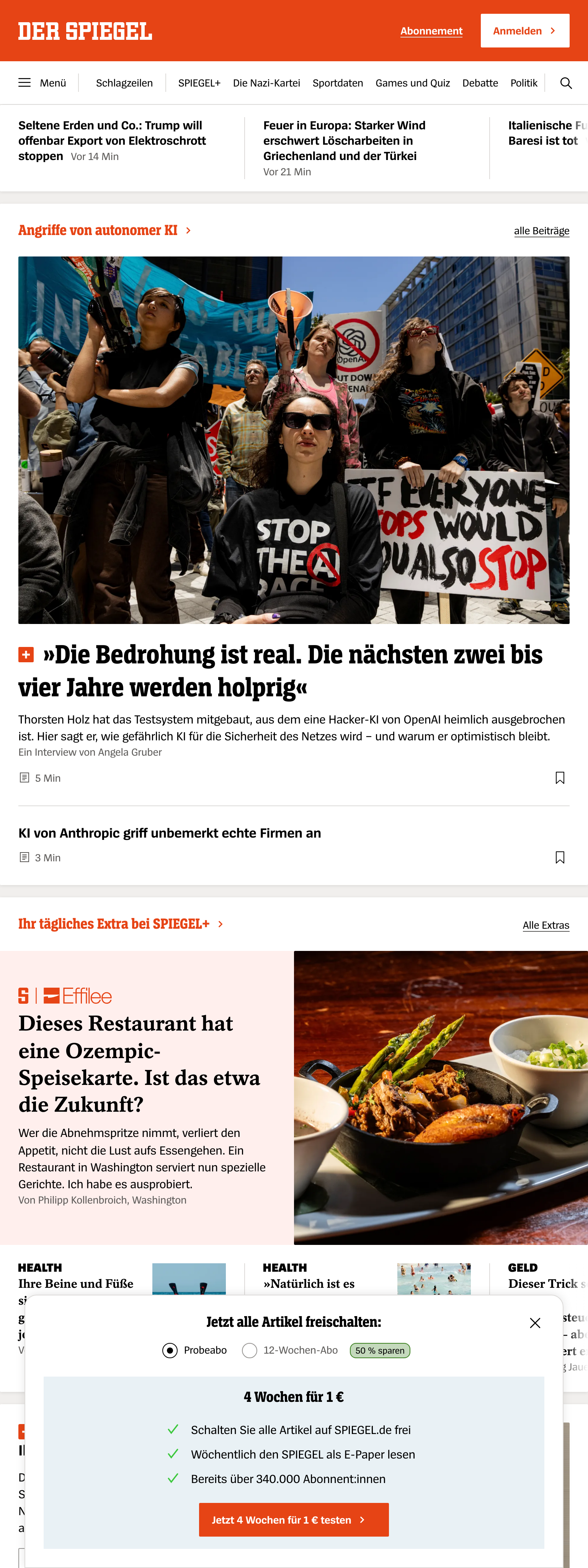 Screenshot of the DER SPIEGEL front page