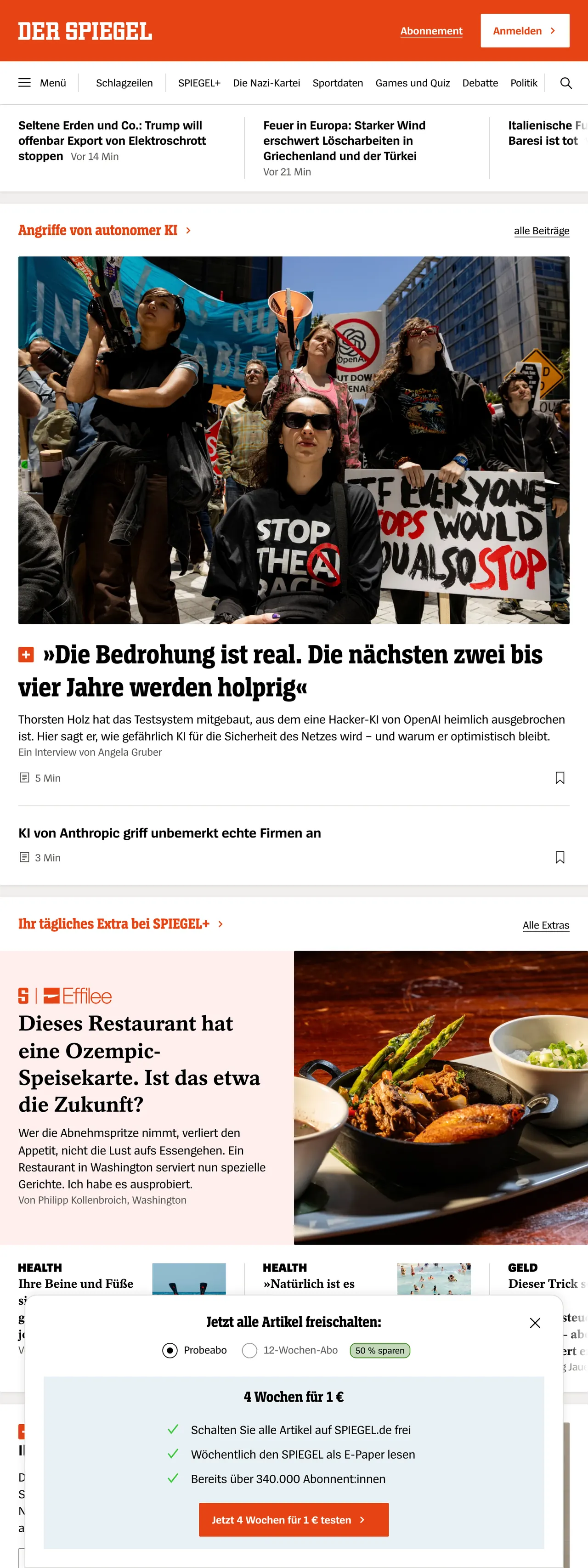 Screenshot of the DER SPIEGEL front page
