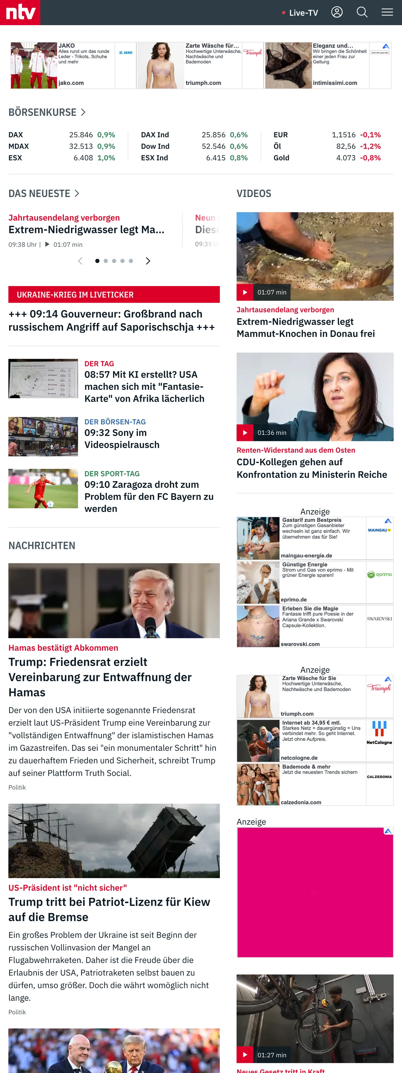 Screenshot of the n-tv front page