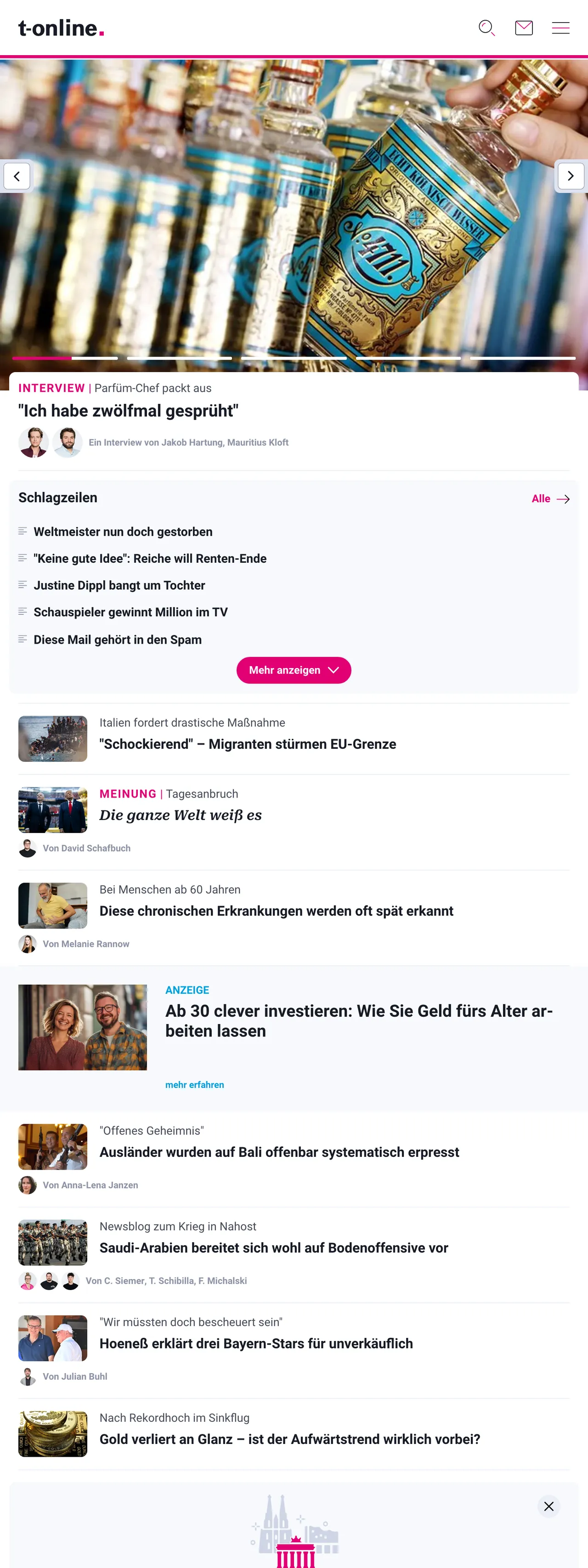 Screenshot of the t-online front page