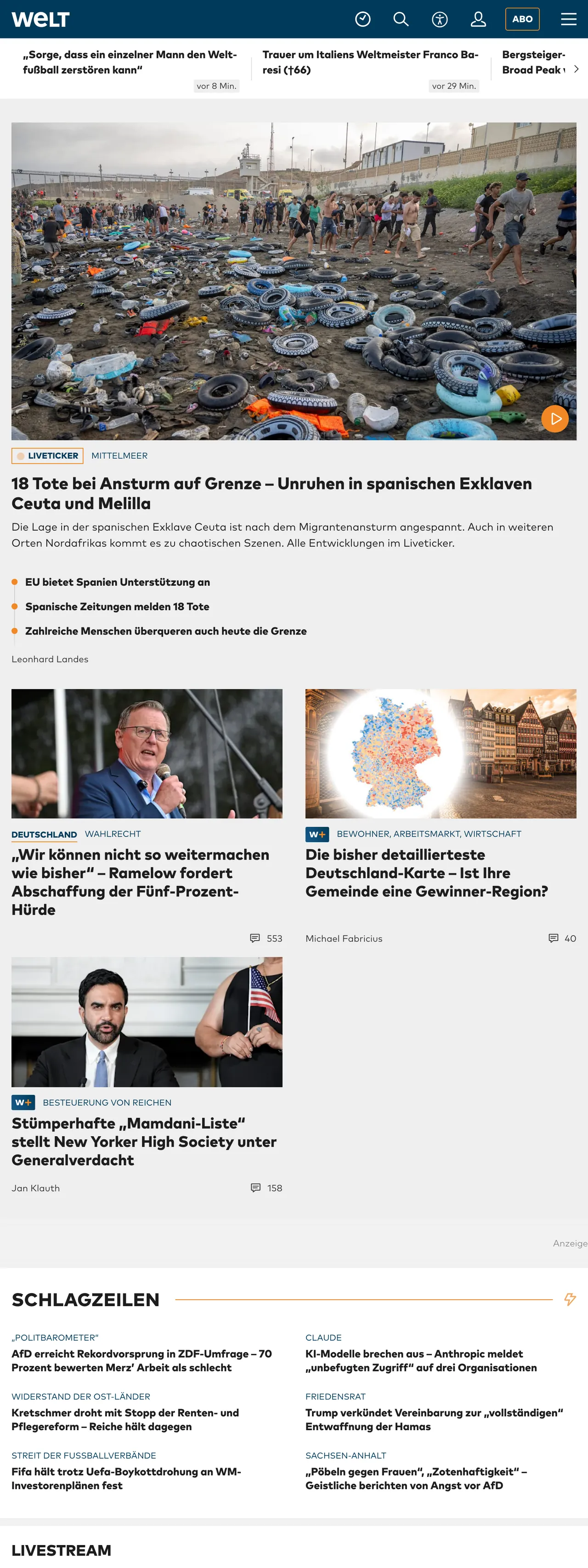 Screenshot of the WELT front page