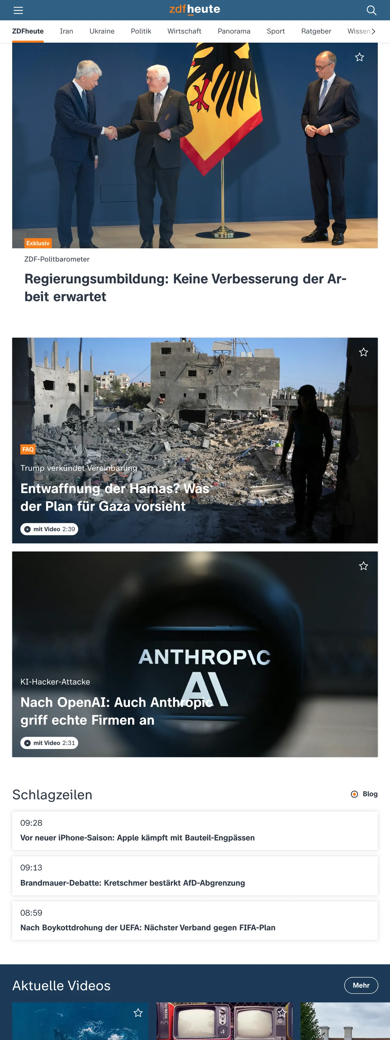 Screenshot of the ZDFheute front page