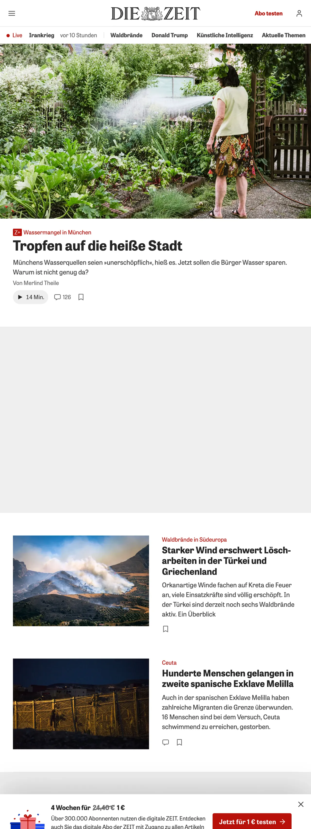Screenshot of the ZEIT ONLINE front page