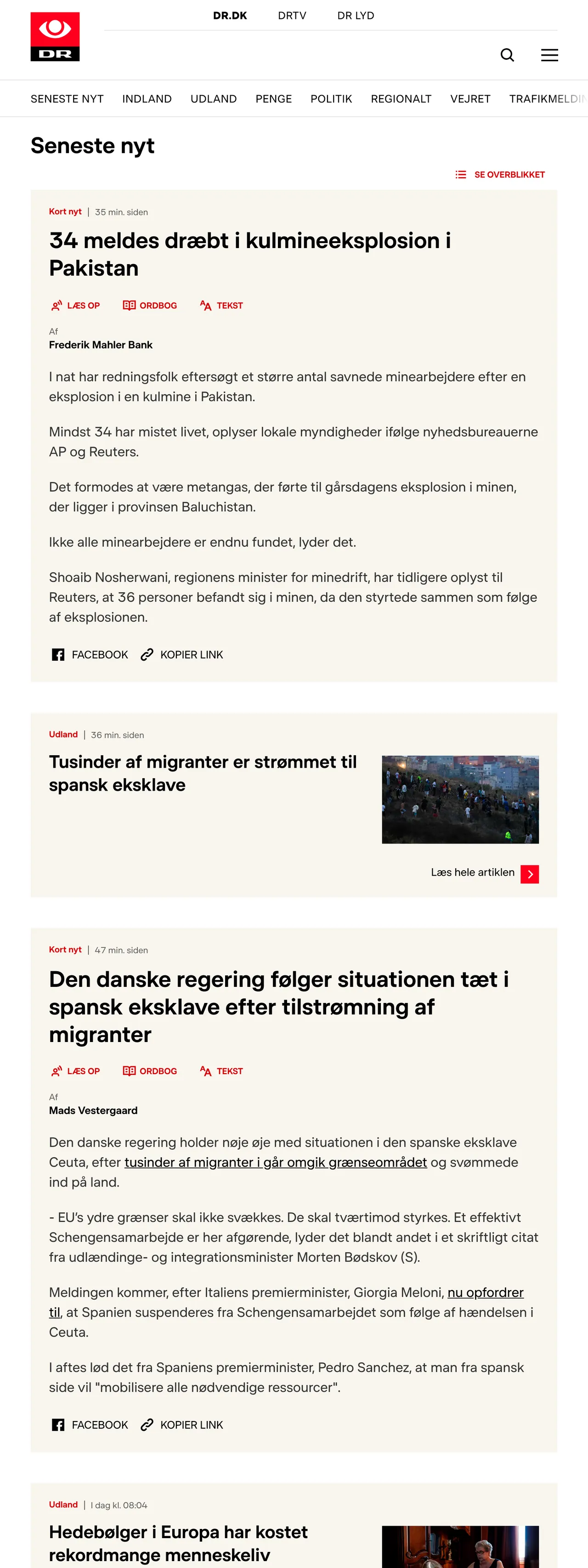 Screenshot of the DR front page
