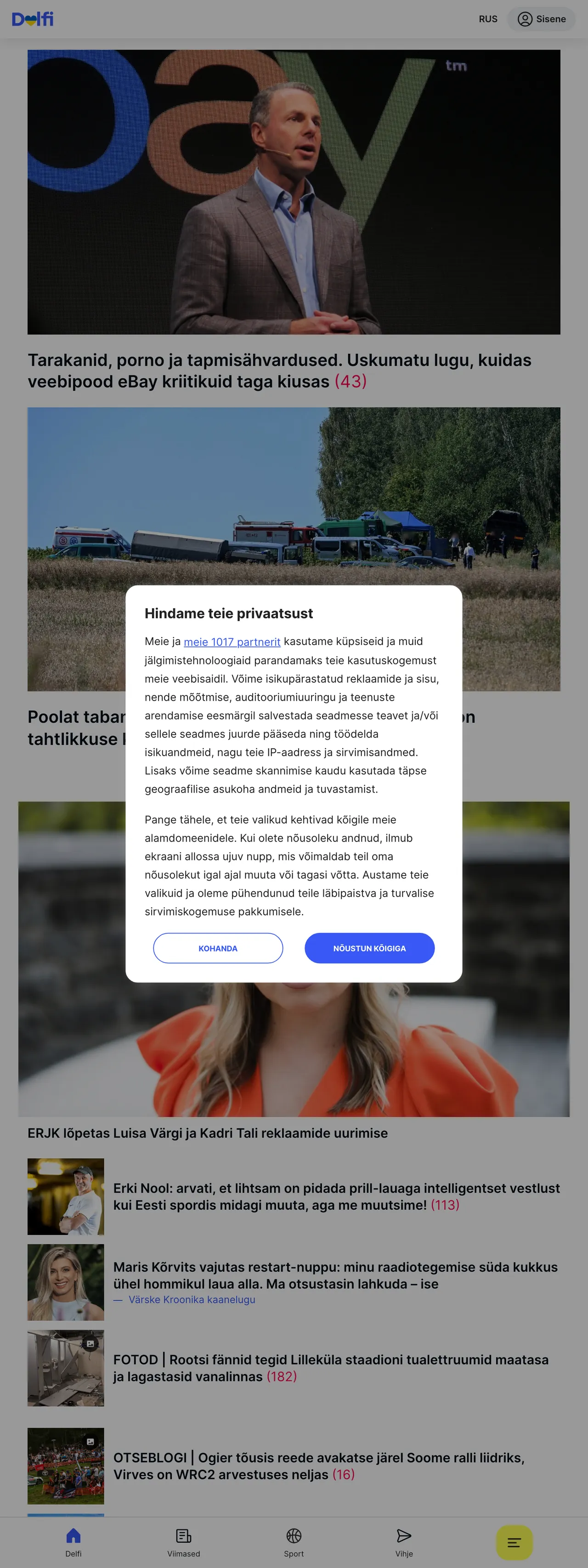 Screenshot of the Delfi front page