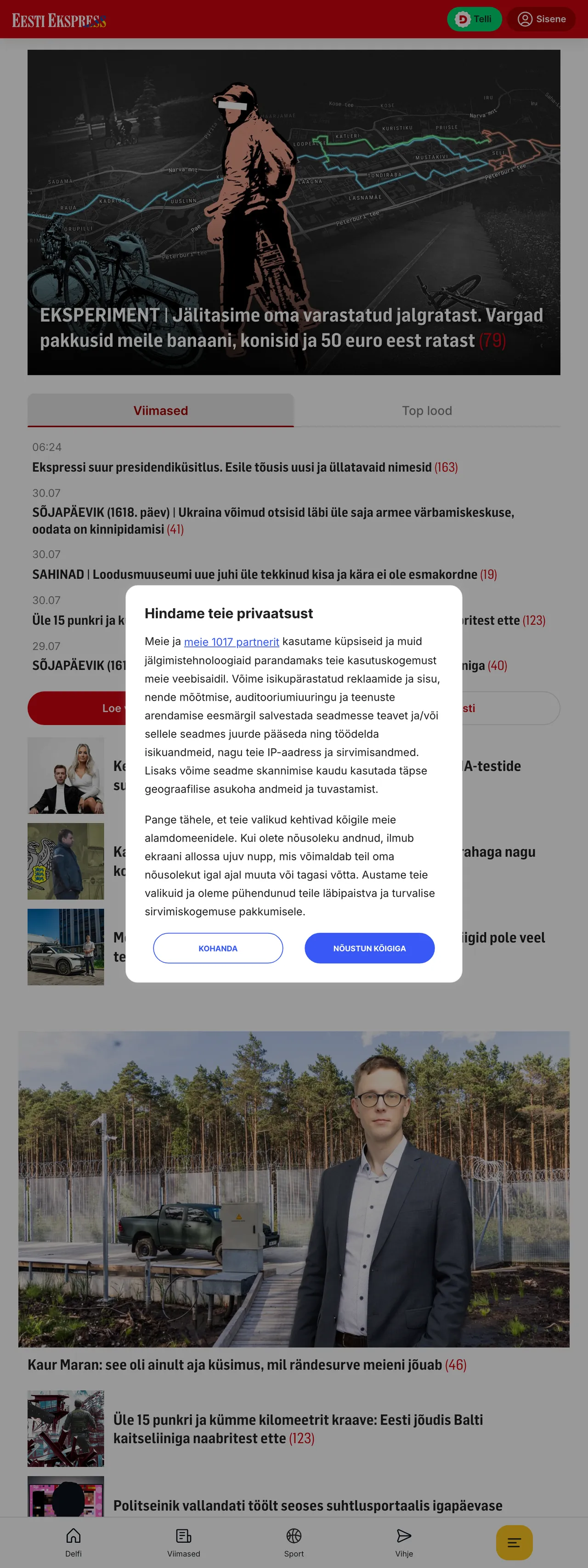 Screenshot of the Eesti Ekspress front page