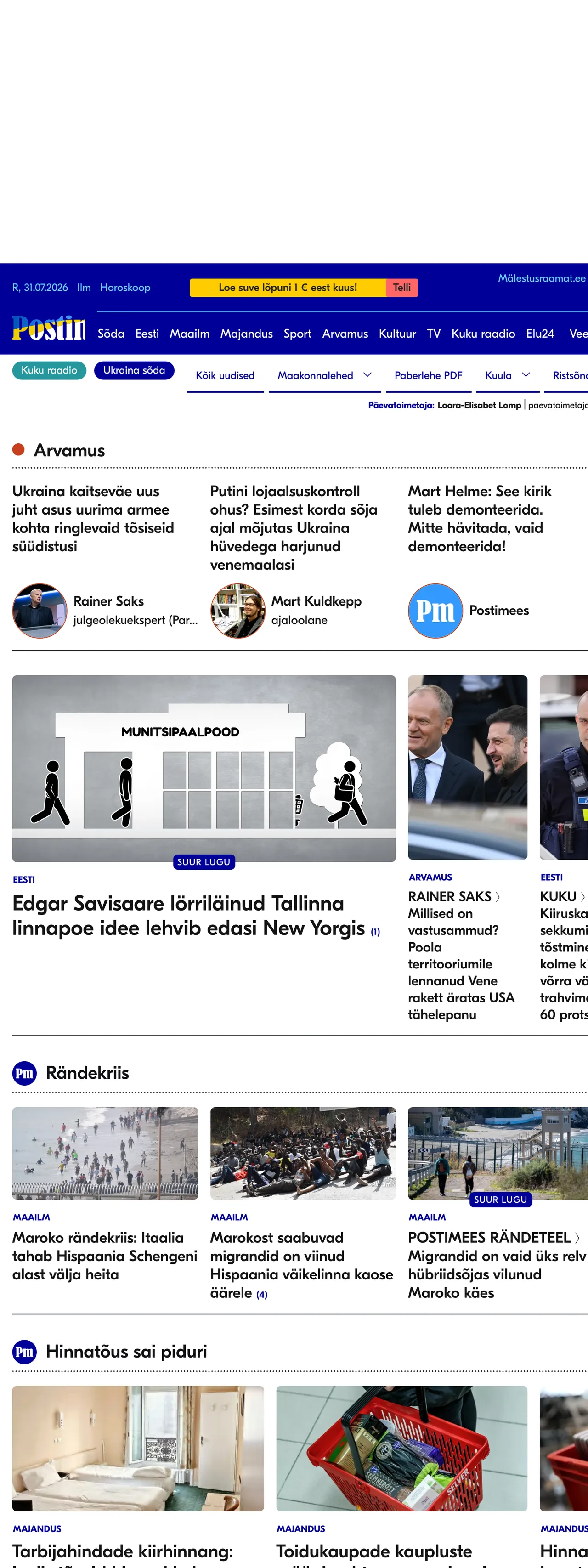 Screenshot of the Postimees front page