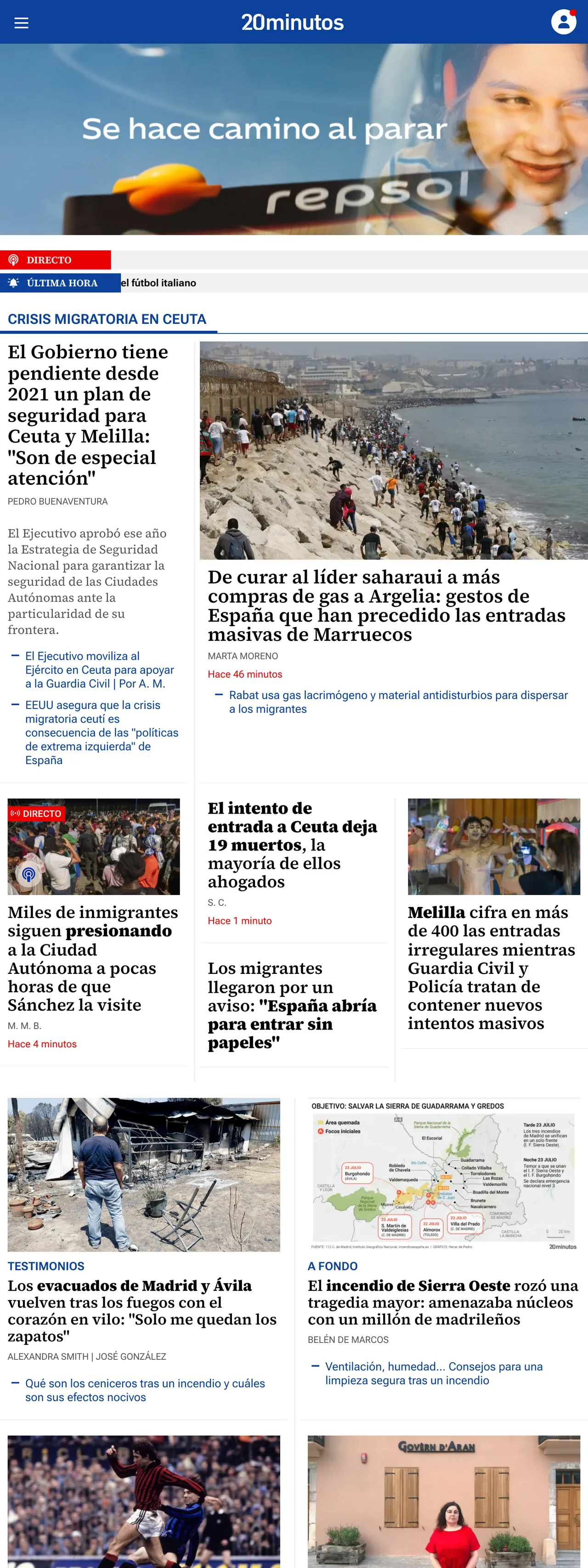 Screenshot of the 20minutos front page