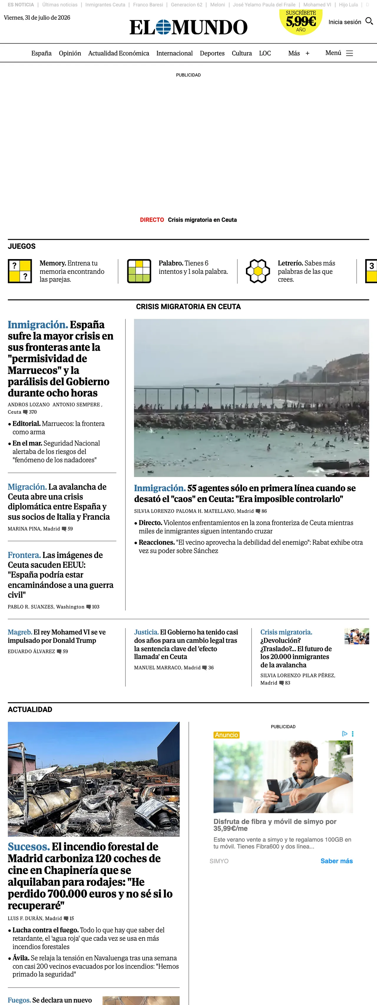 Screenshot of the El Mundo front page