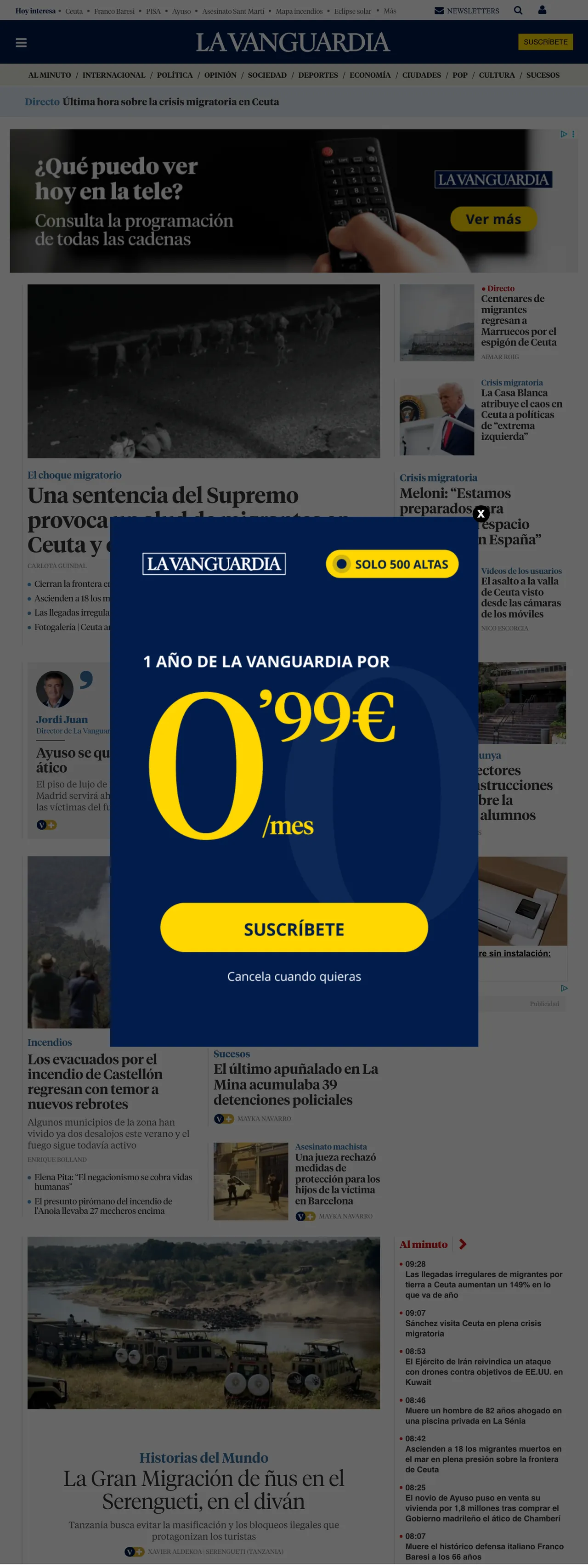 Screenshot of the La Vanguardia front page