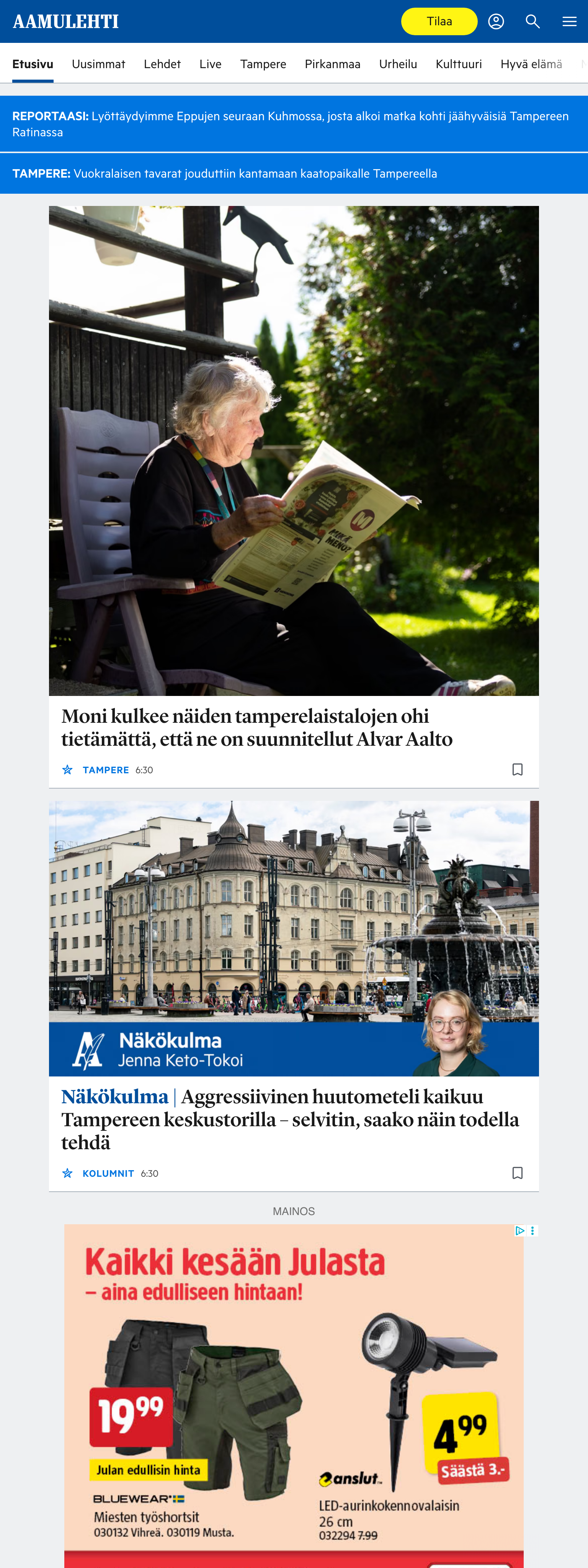 Screenshot of the Aamulehti front page