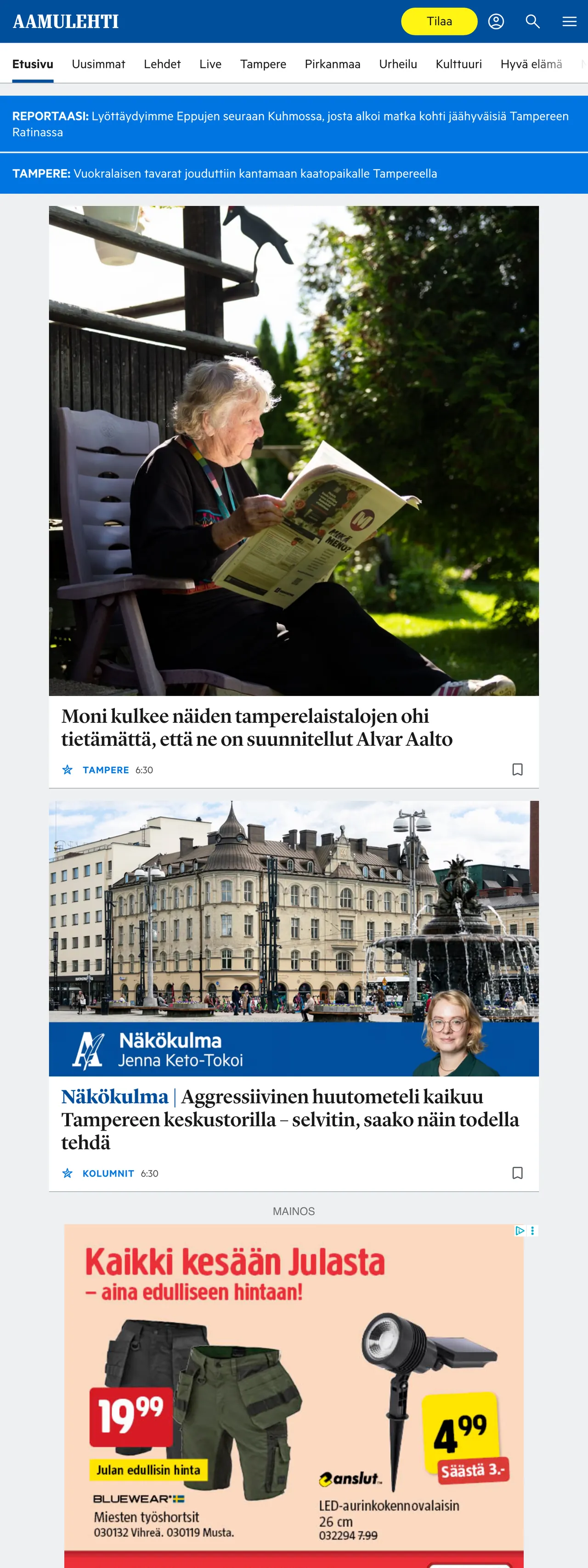 Screenshot of the Aamulehti front page
