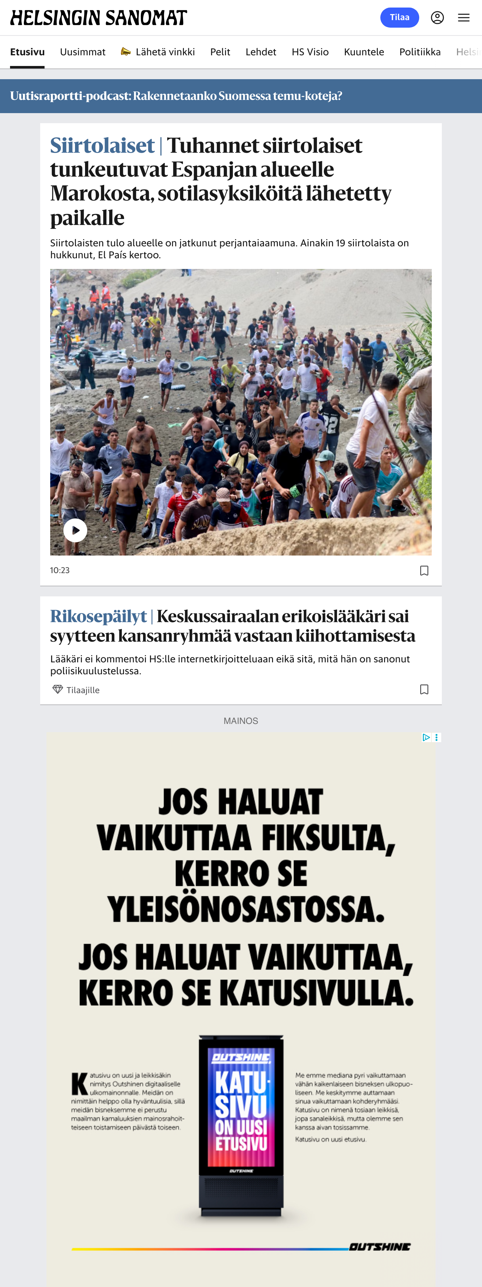 Screenshot of the Helsingin Sanomat front page