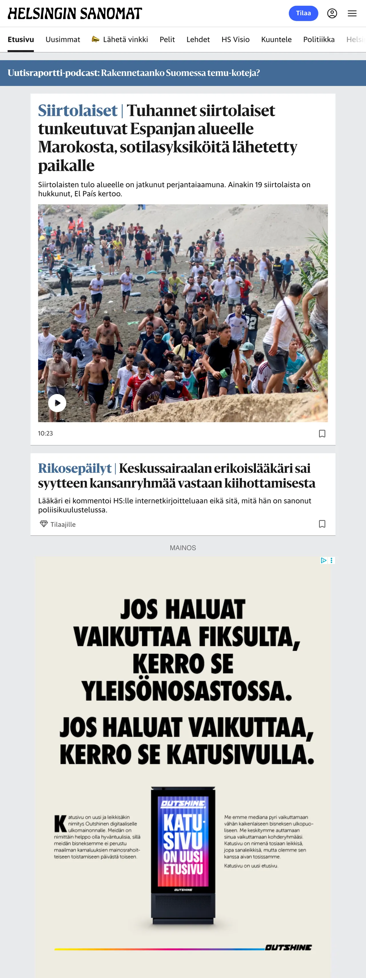 Screenshot of the Helsingin Sanomat front page