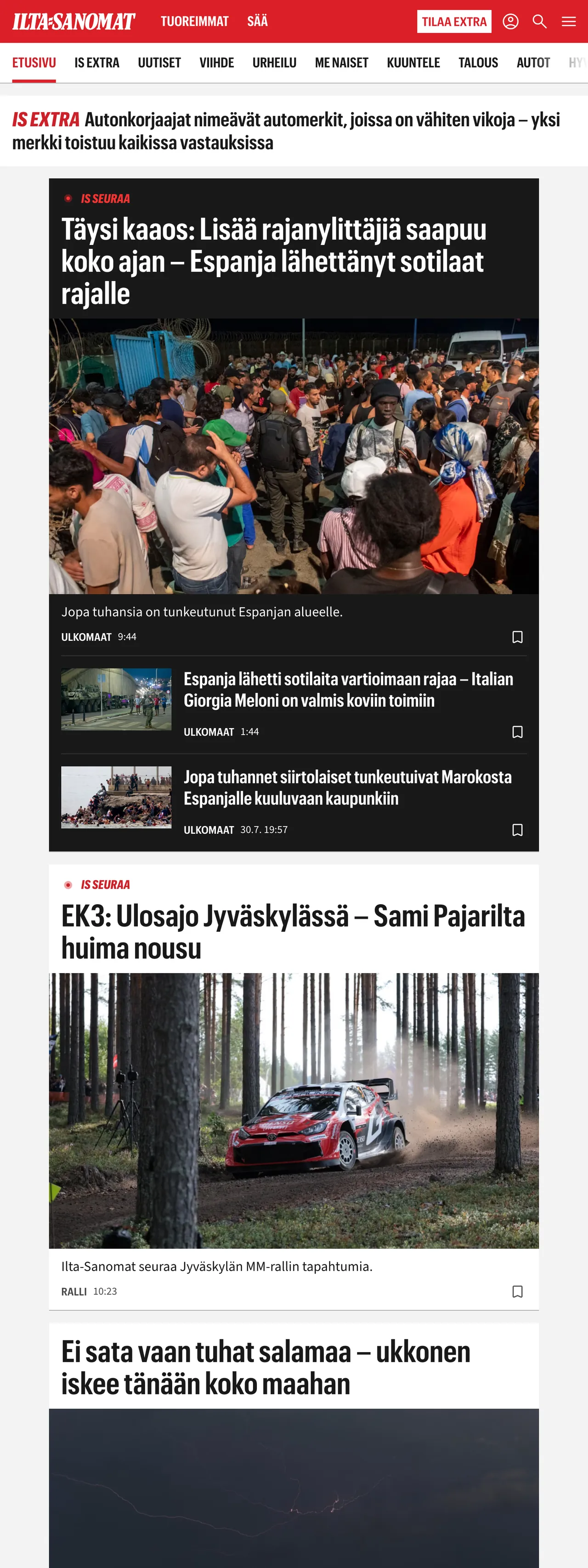Screenshot of the Ilta-Sanomat front page