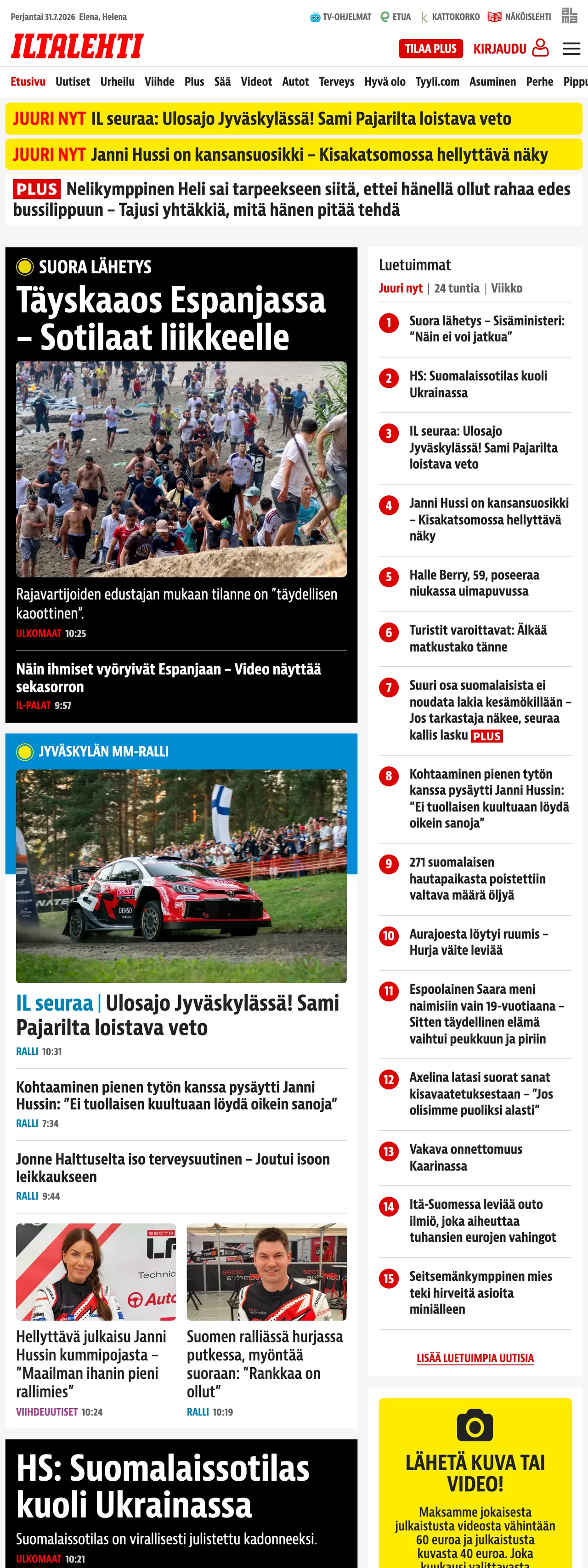 Screenshot of the Iltalehti front page
