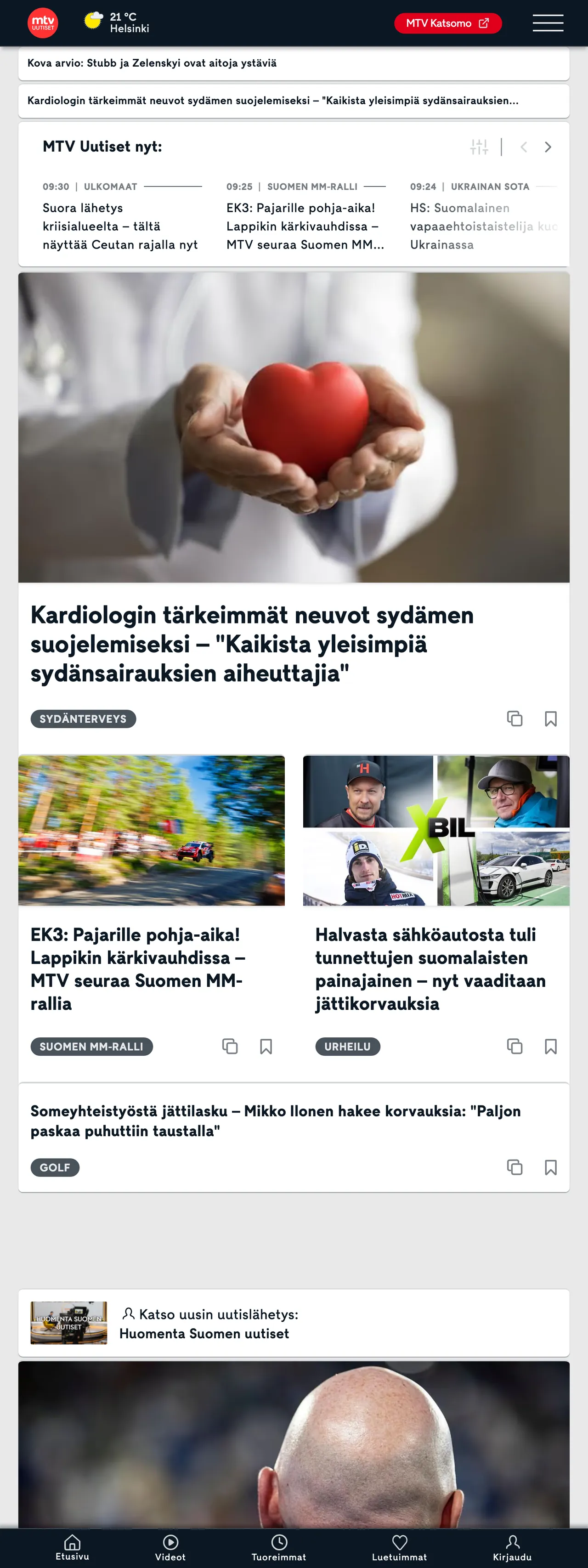 Screenshot of the MTV Uutiset front page