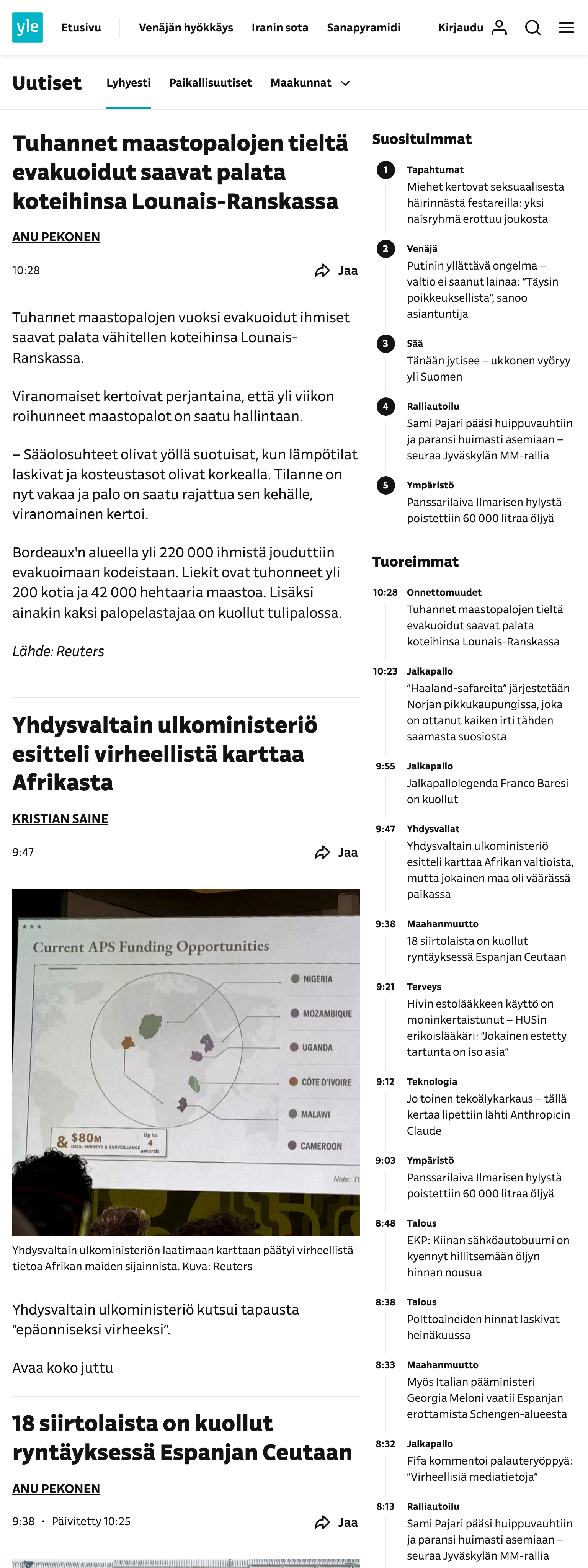 Screenshot of the Yle front page