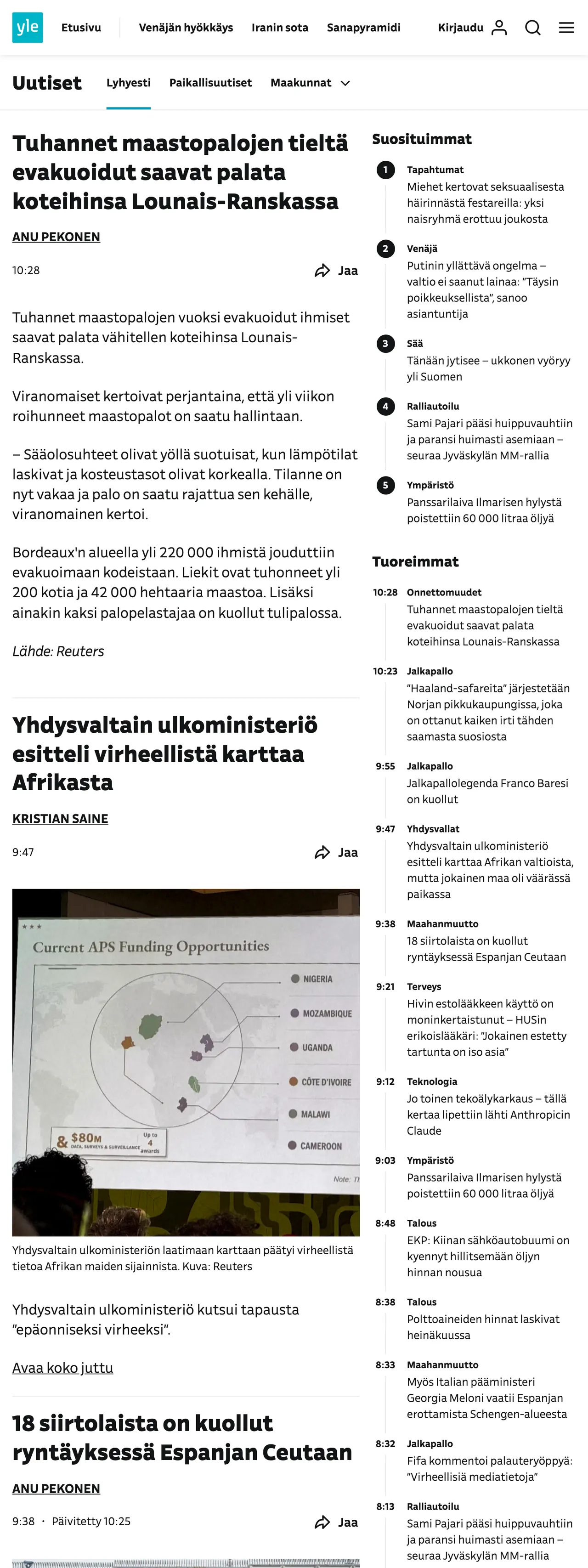 Screenshot of the Yle front page