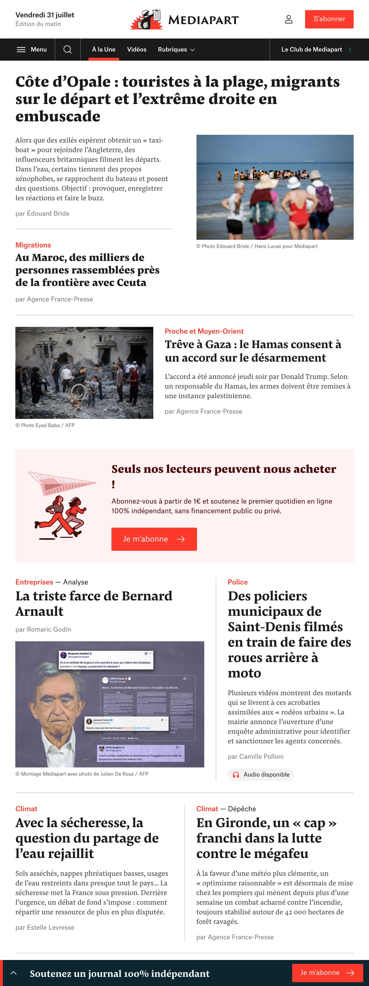 Screenshot of the Mediapart front page