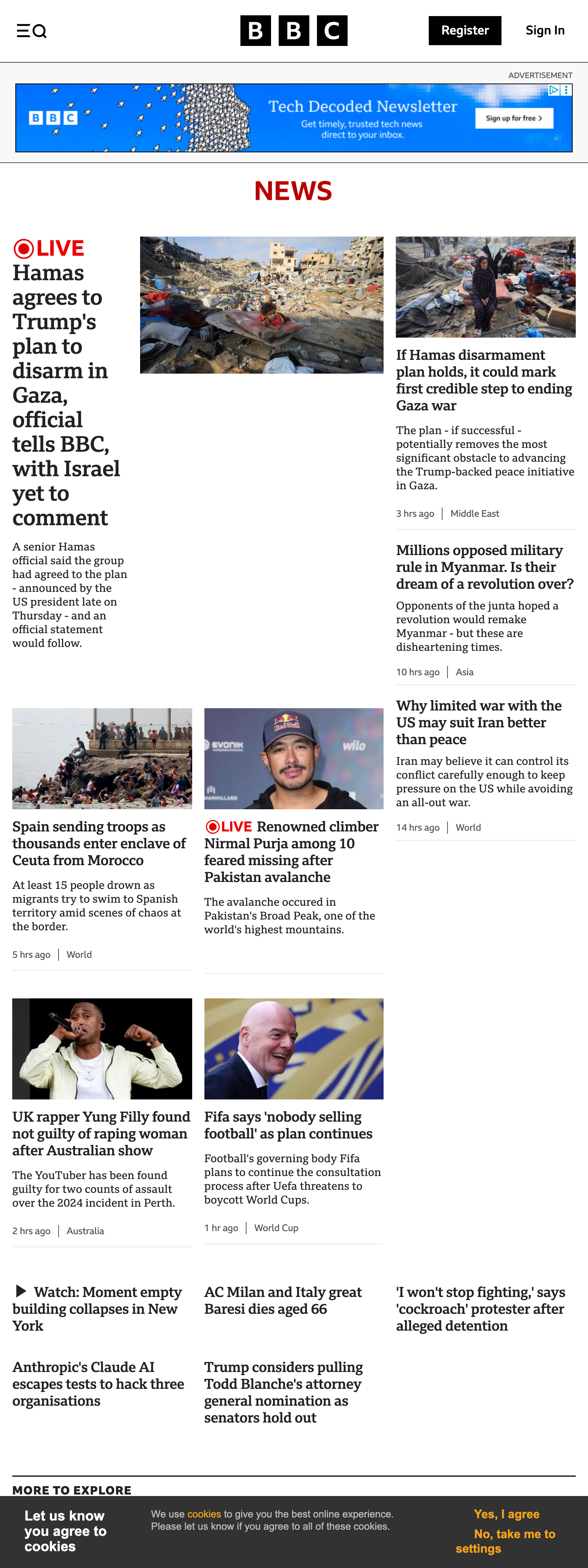Screenshot of the BBC News front page