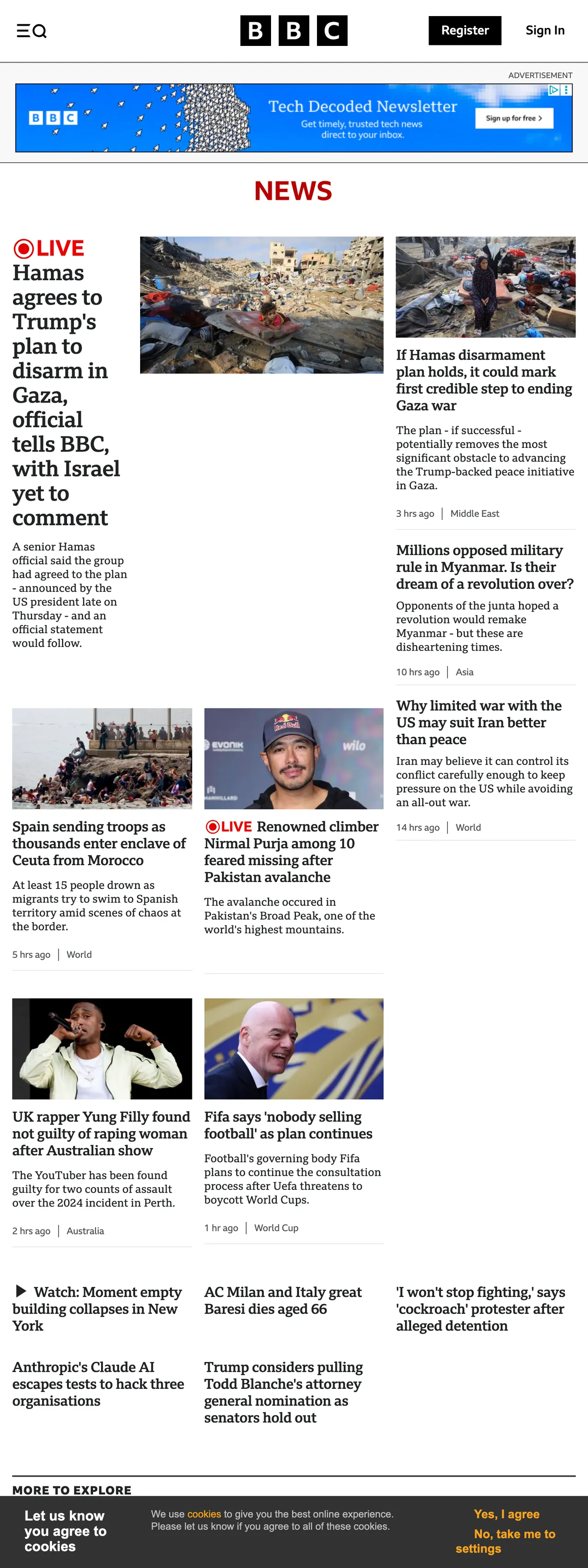 Screenshot of the BBC News front page