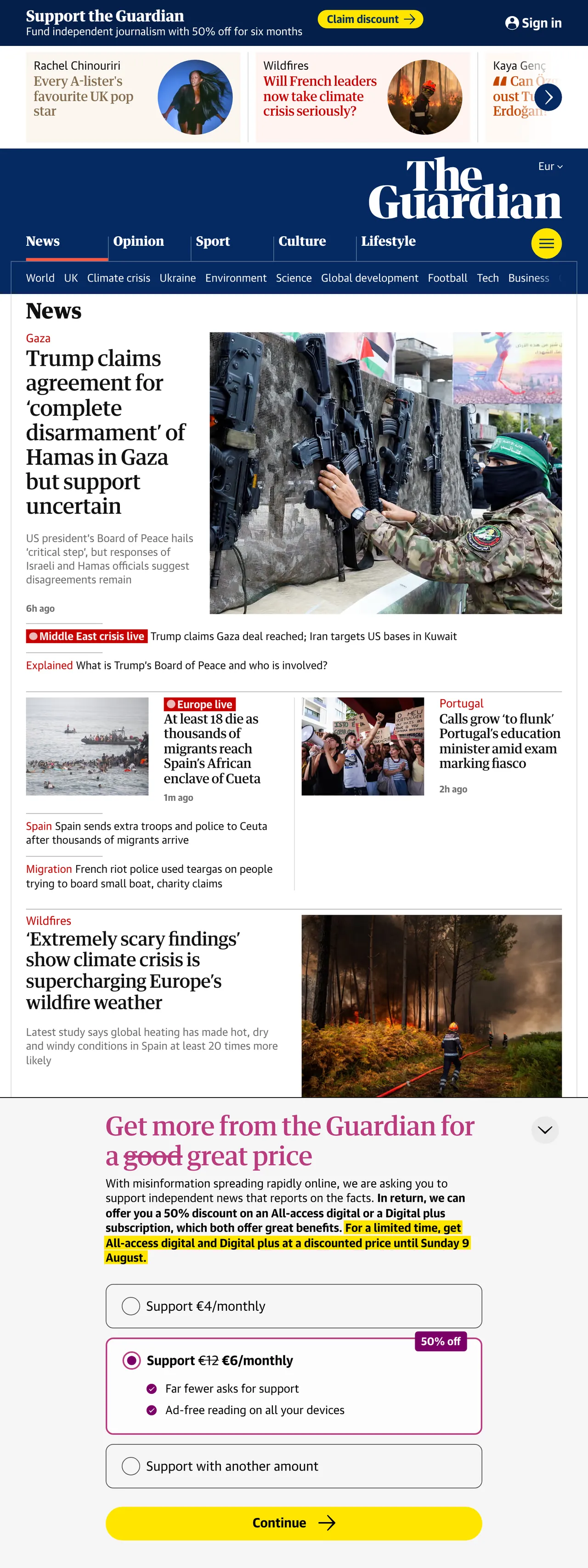 Screenshot of the The Guardian front page