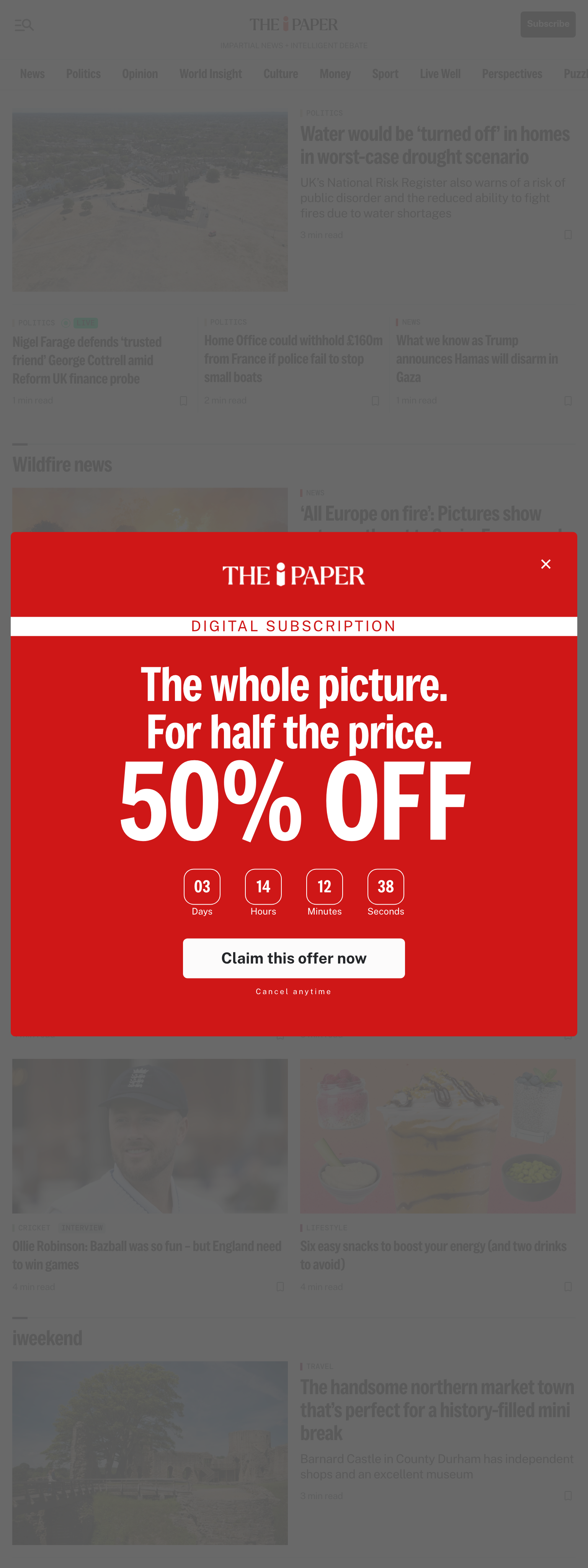 Screenshot of the The i Paper front page