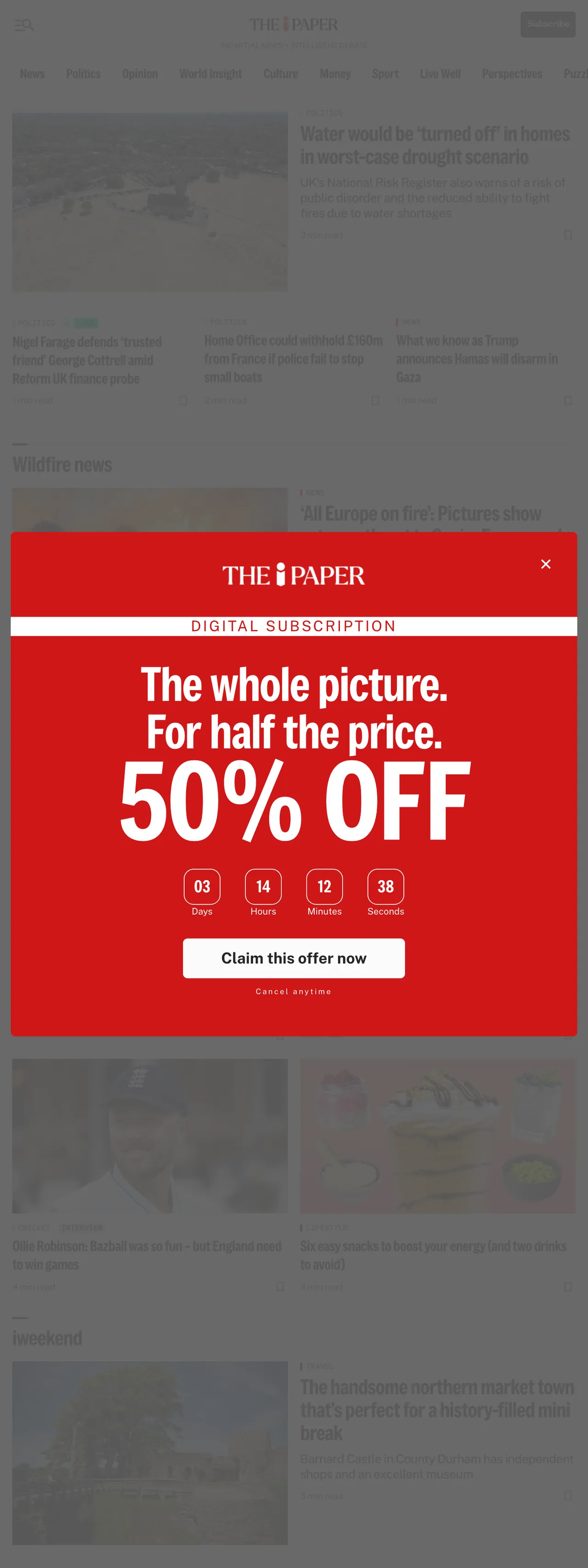 Screenshot of the The i Paper front page