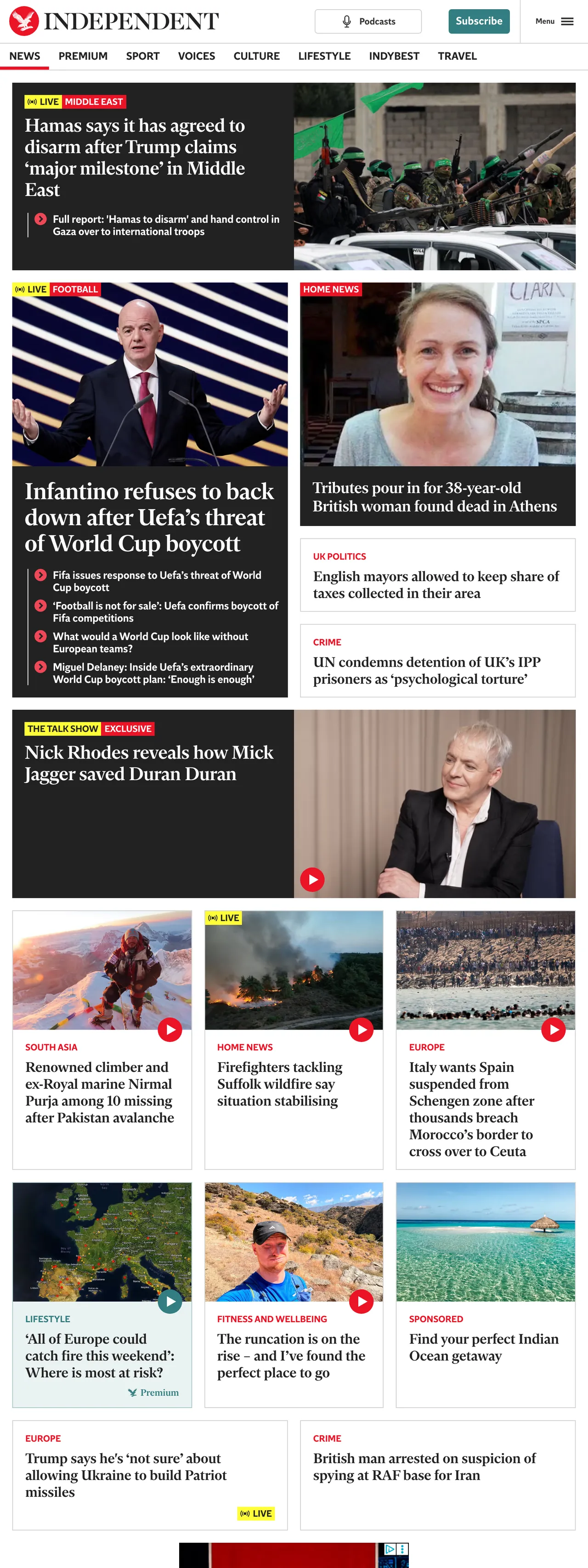 Screenshot of the The Independent front page