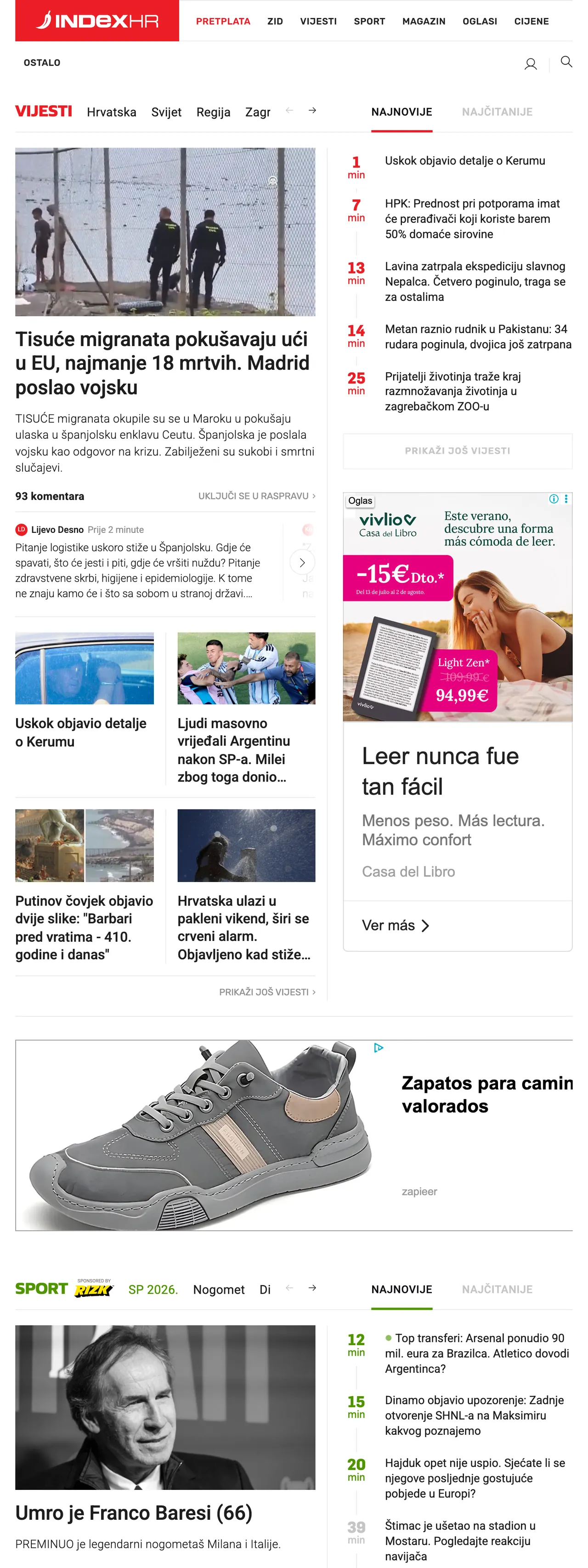 Screenshot of the Index.hr front page