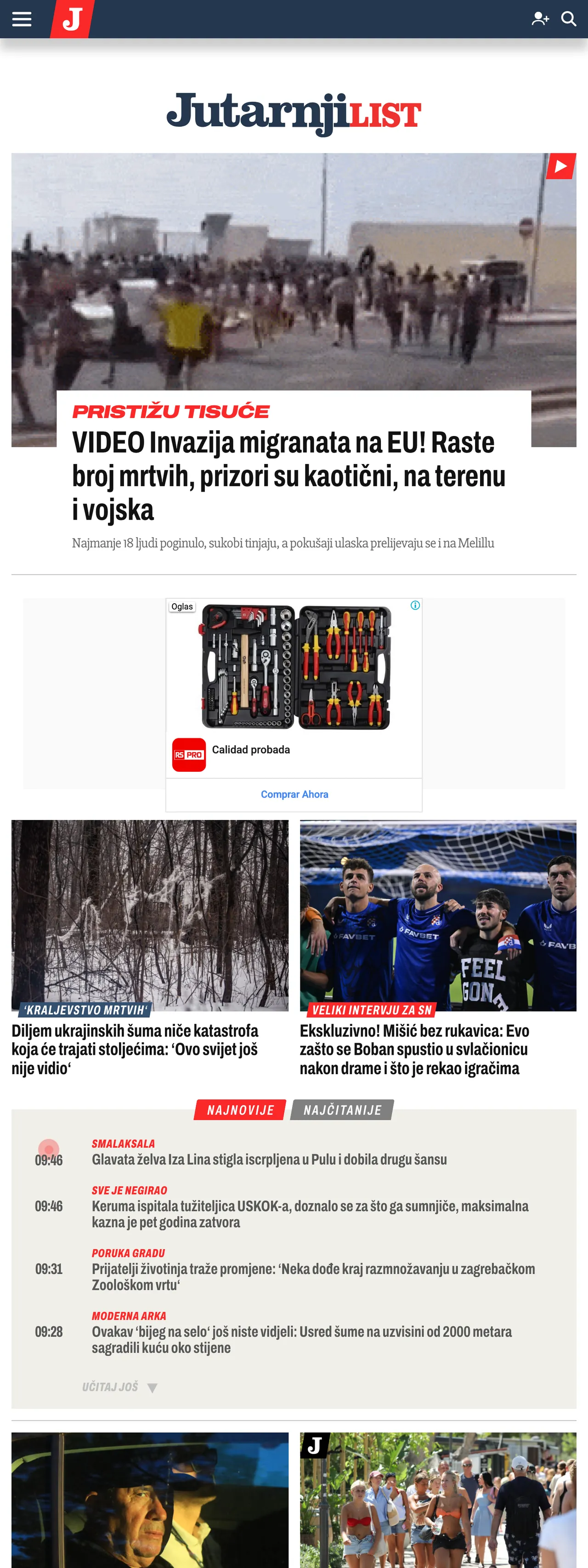 Screenshot of the Jutarnji list front page