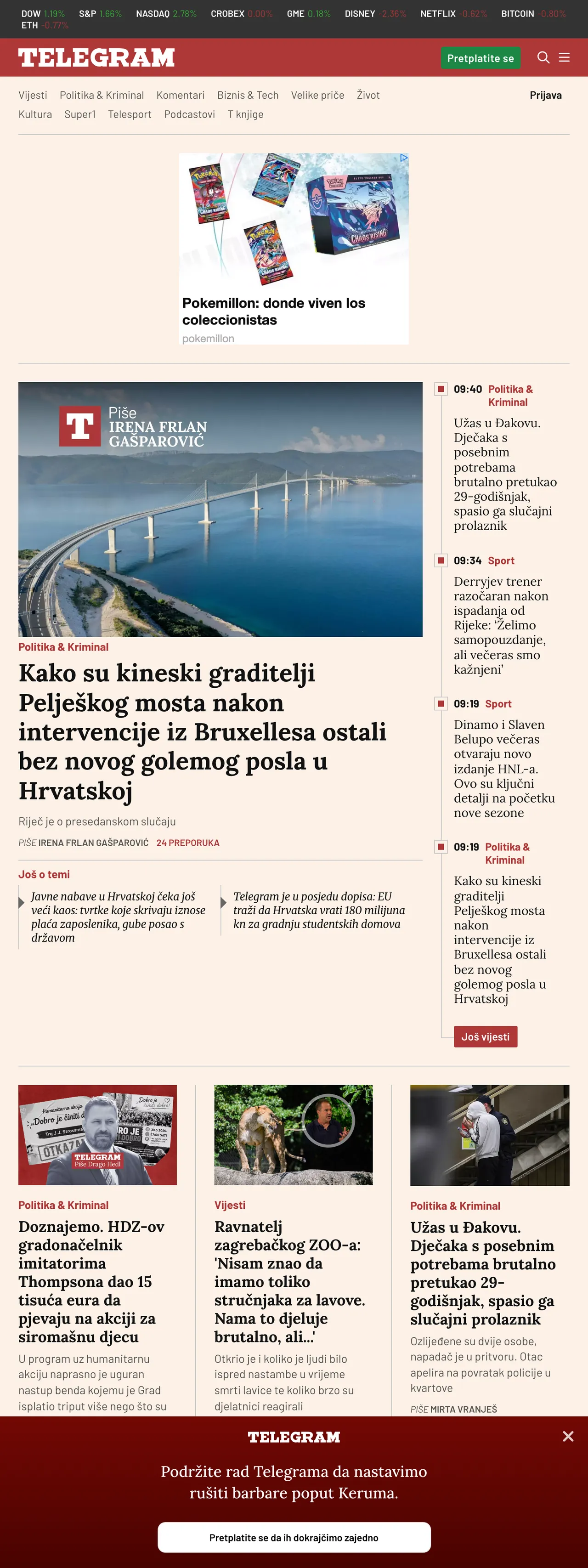 Screenshot of the Telegram.hr front page