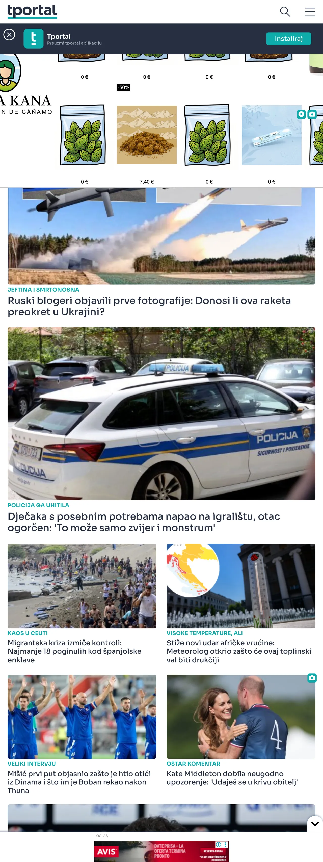 Screenshot of the tportal front page