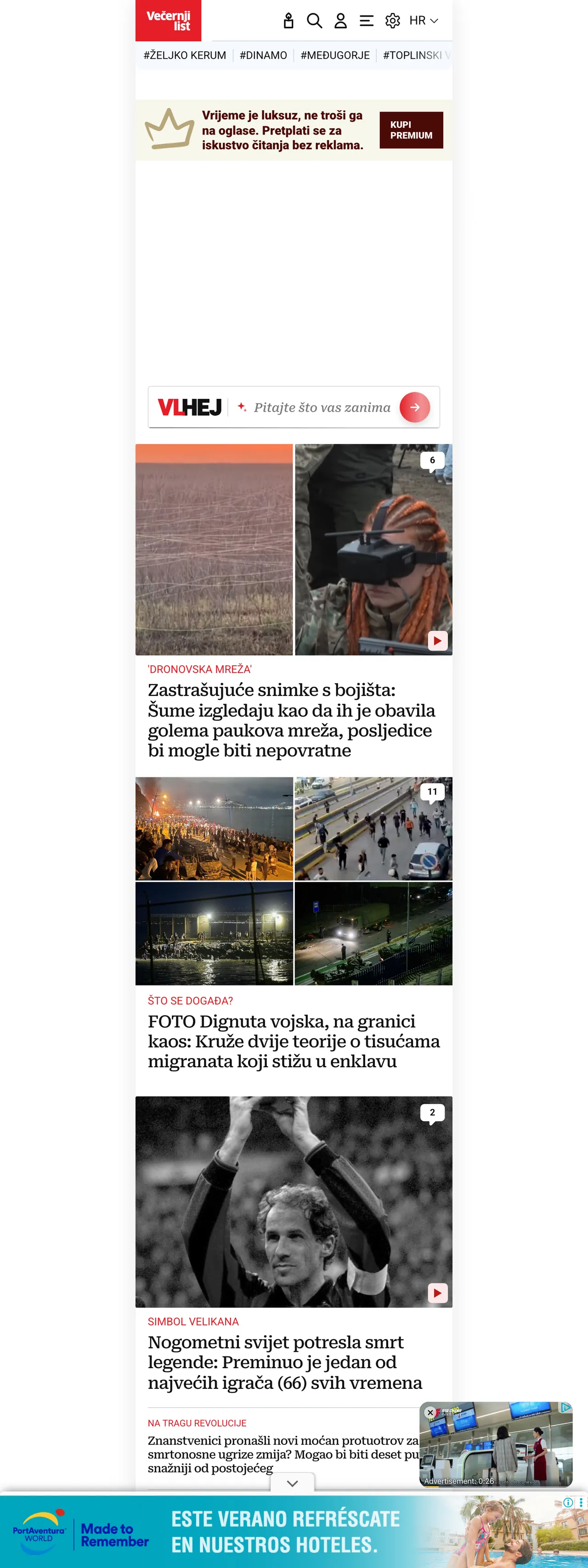 Screenshot of the Večernji list front page