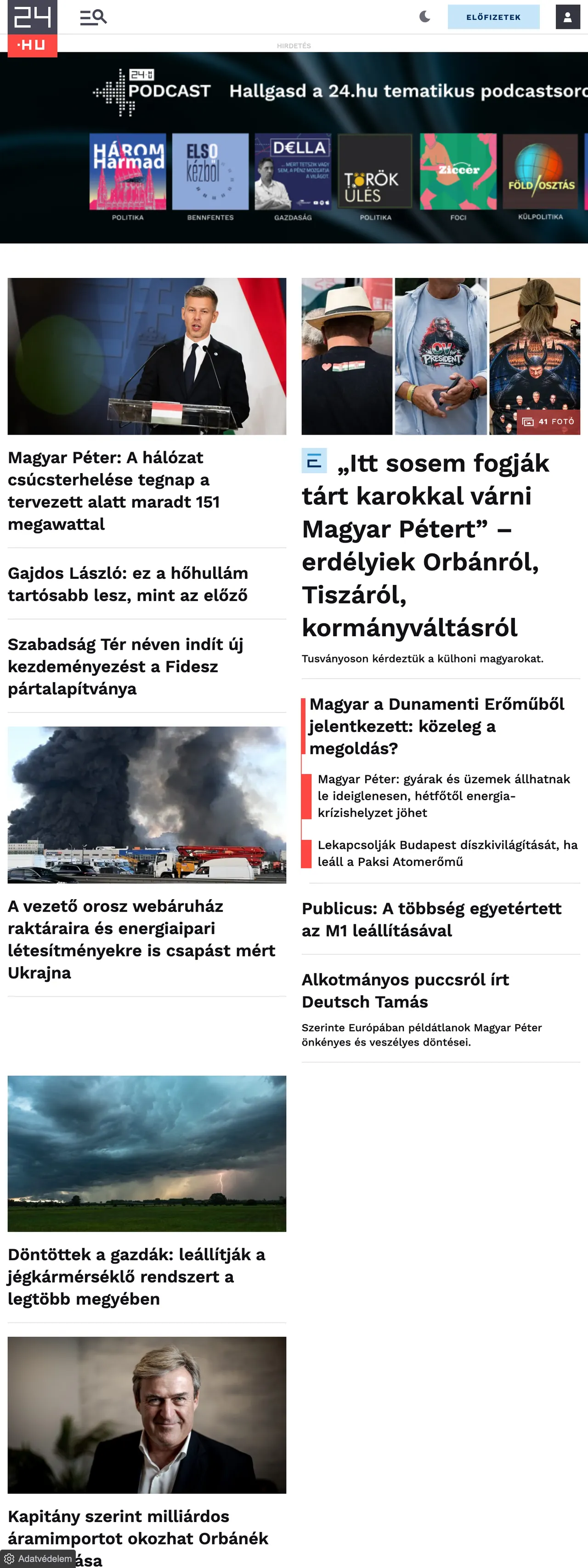 Screenshot of the 24.hu front page