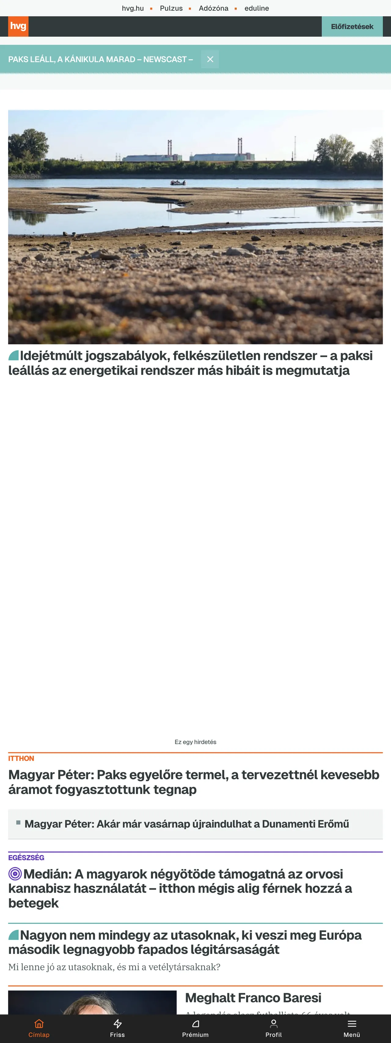 Screenshot of the HVG front page
