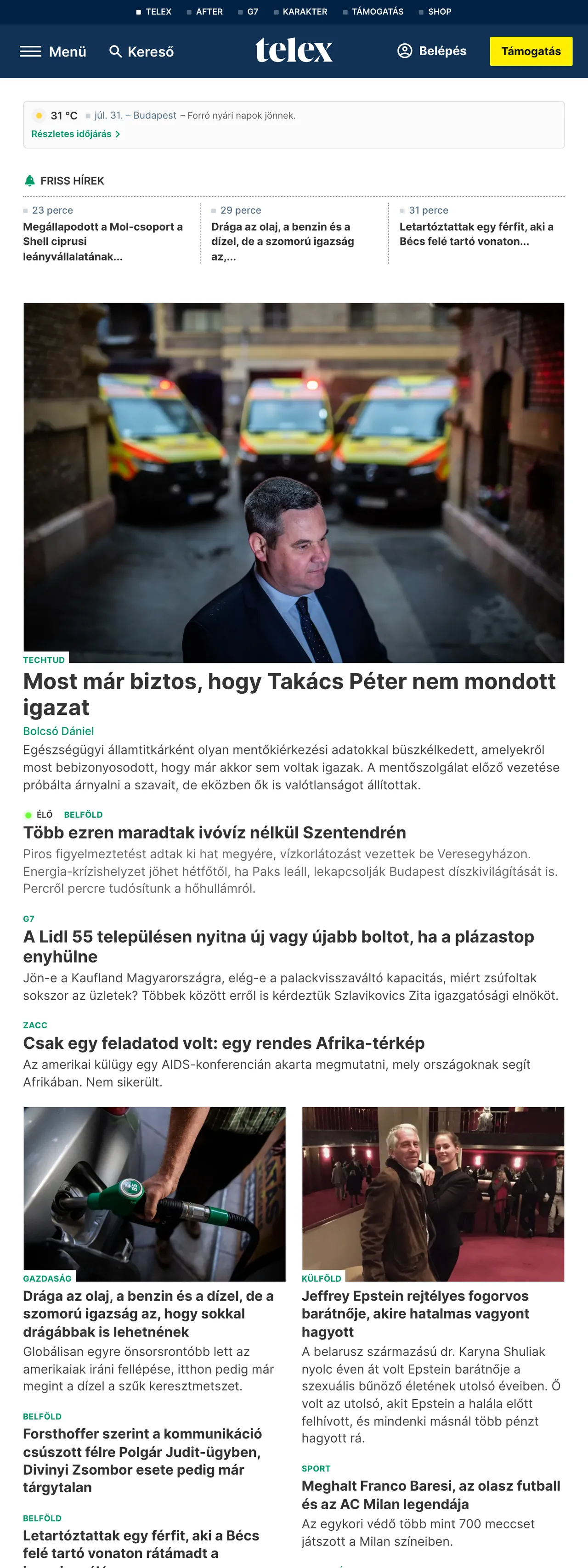 Screenshot of the Telex front page