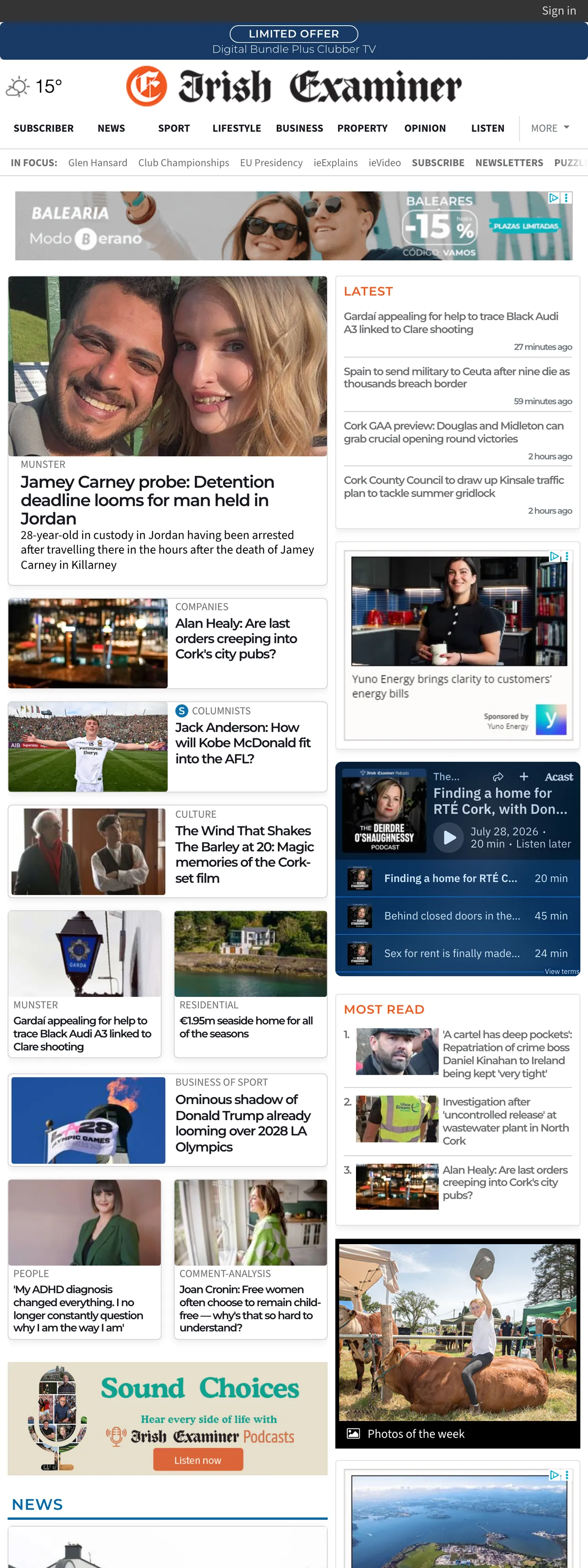 Screenshot of the Irish Examiner front page