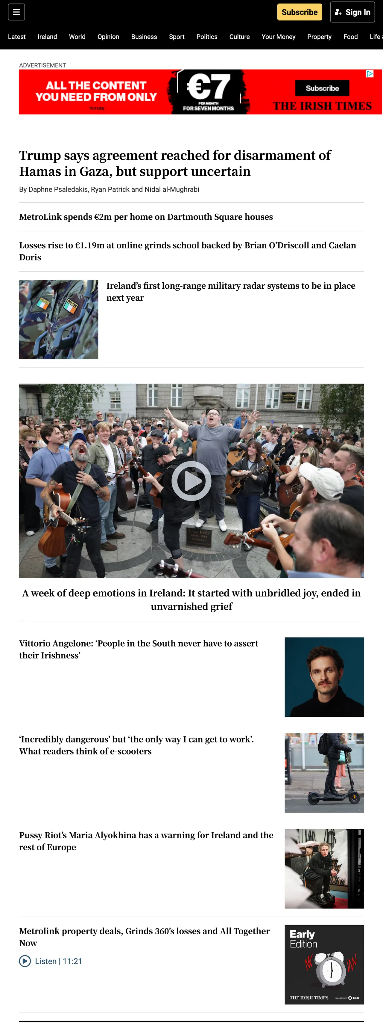 Screenshot of the The Irish Times front page