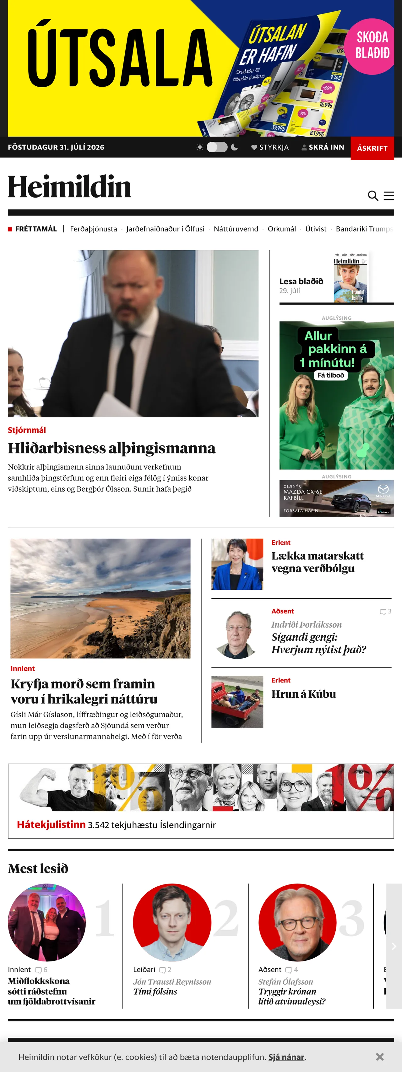 Screenshot of the Heimildin front page
