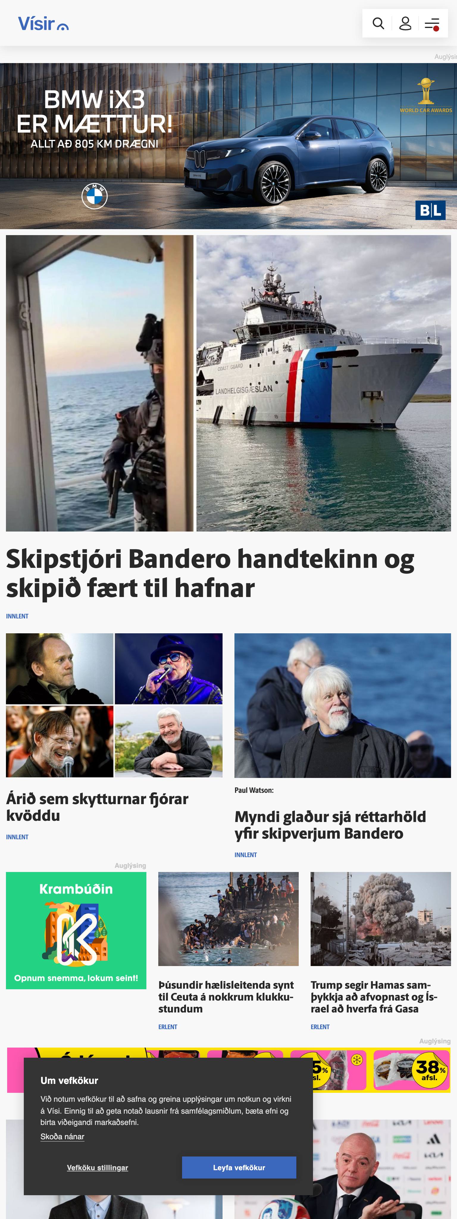 Screenshot of the Vísir front page