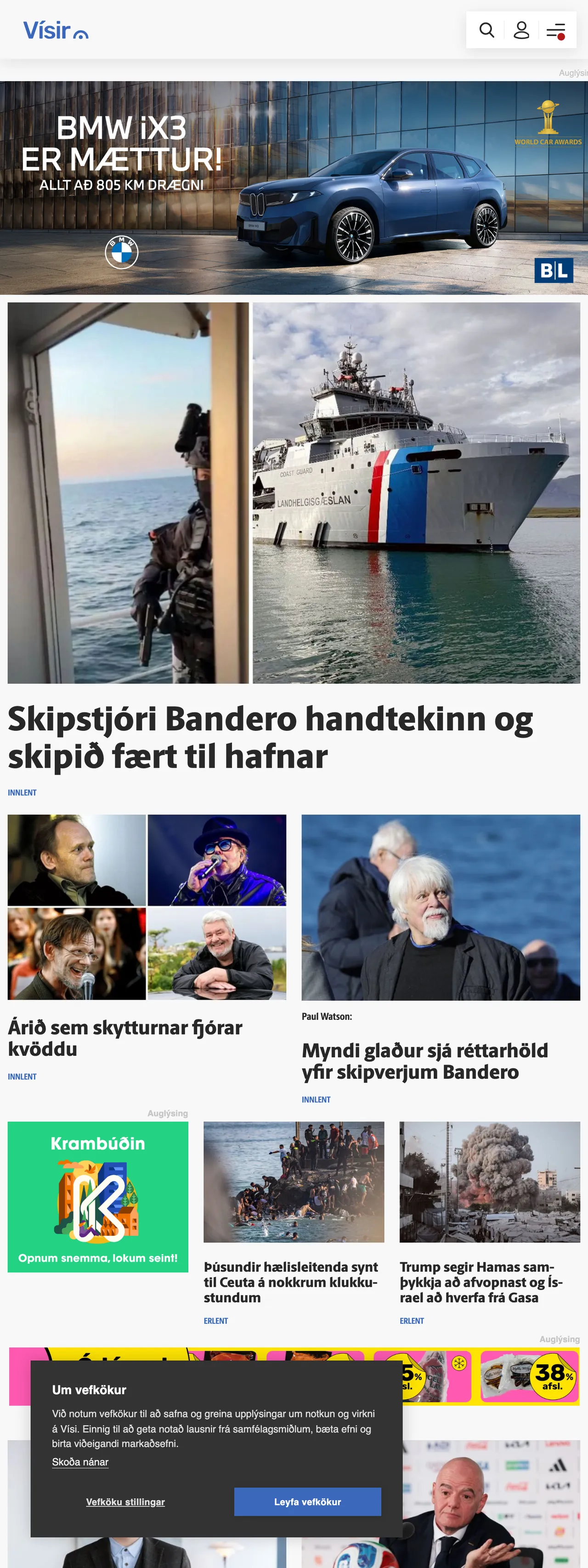 Screenshot of the Vísir front page